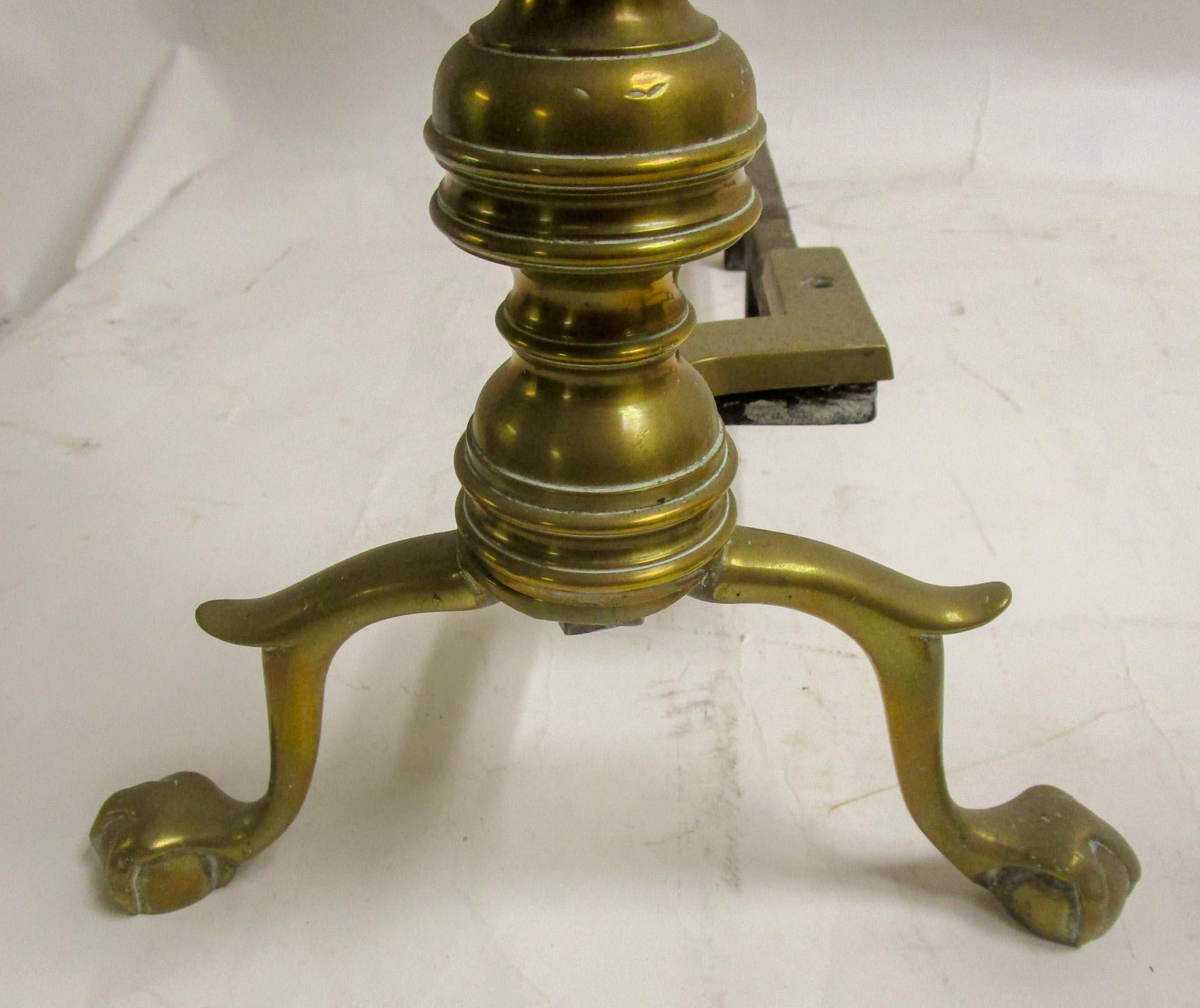 19th c Victorian English Brass Andiron Firedog Pair with Ball and Claw Feet 3