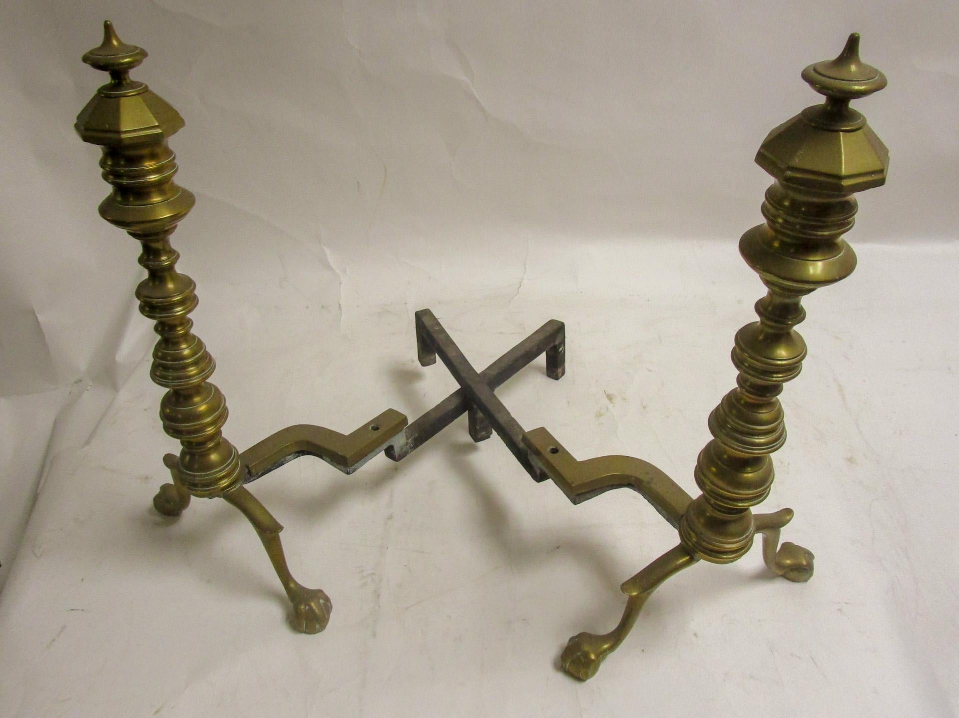 19th c Victorian English Brass Andiron Firedog Pair with Ball and Claw Feet 4
