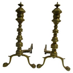 19th c Victorian English Brass Andiron Firedog Pair with Ball and Claw Feet