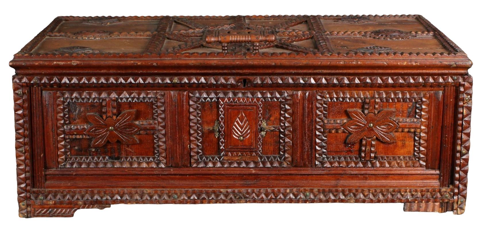 My shipping for this is $325 for the Continental US.

This is a late 19th century Victorian Era heavily carved tramp Art or folk art box. It is initially on the top with additional writing on the side. The interior is paper lined. The box rests in