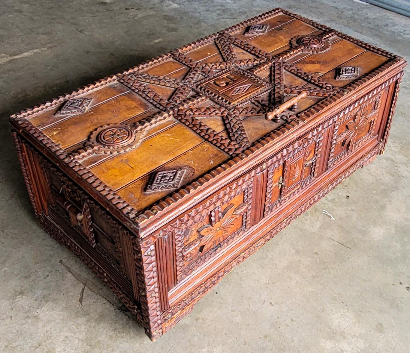European 19th-C. Victorian Era Continental Carved Tramp Art / Folk Art Trunk or Box For Sale