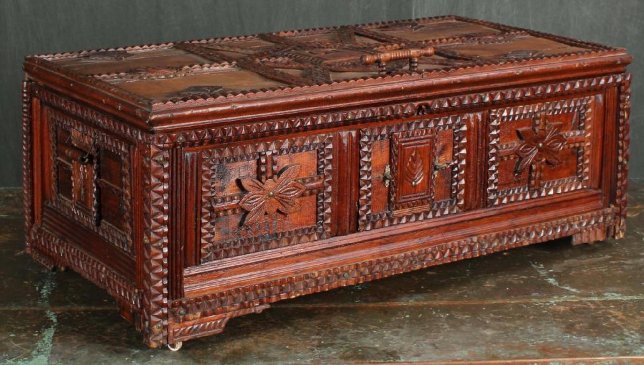 19th-C. Victorian Era Continental Carved Tramp Art / Folk Art Trunk or Box In Good Condition For Sale In Kennesaw, GA