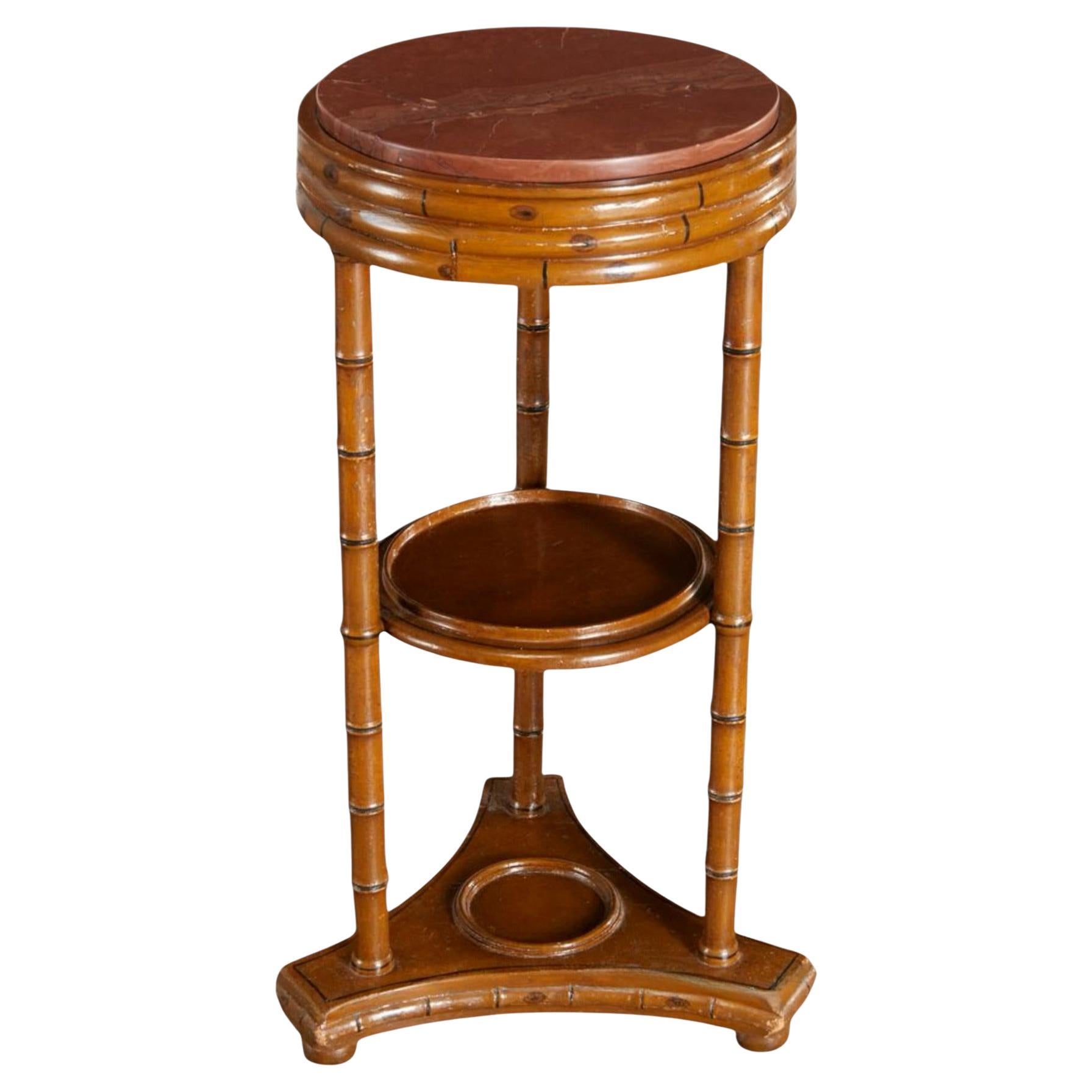 19th-C. Victorian Faux Bamboo Chinoiserie Tiered Table / Pedestal Marble Top