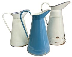 19th-C. Victorian French Blue & White Enamel Tole Body Pitchers  / Vases - S/3