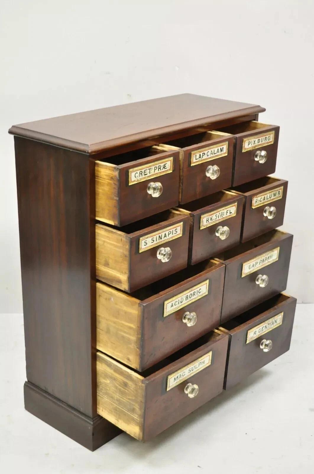 Unknown 19th C. Victorian Mahogany Apothecary Medicine Cabinet w/ 10 Drawers Glass Pulls For Sale