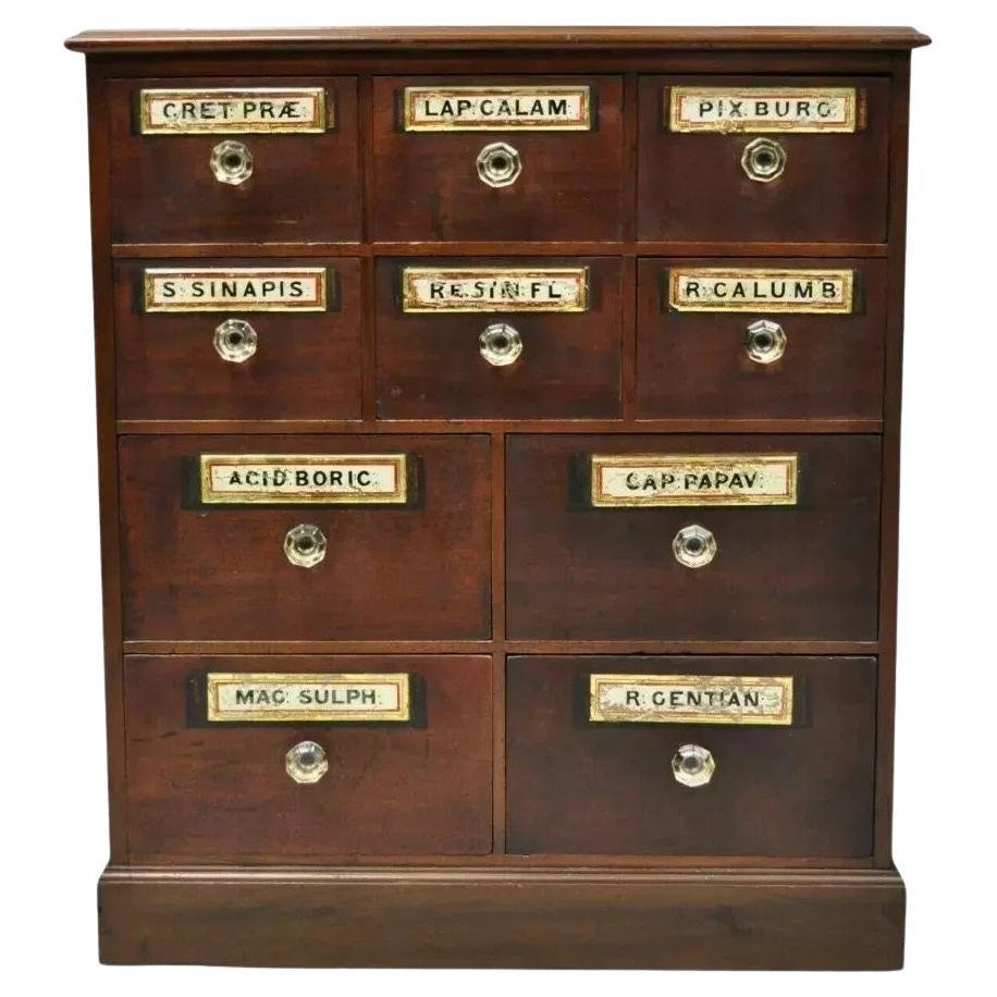 19th C. Victorian Mahogany Apothecary Medicine Cabinet w/ 10 Drawers Glass Pulls