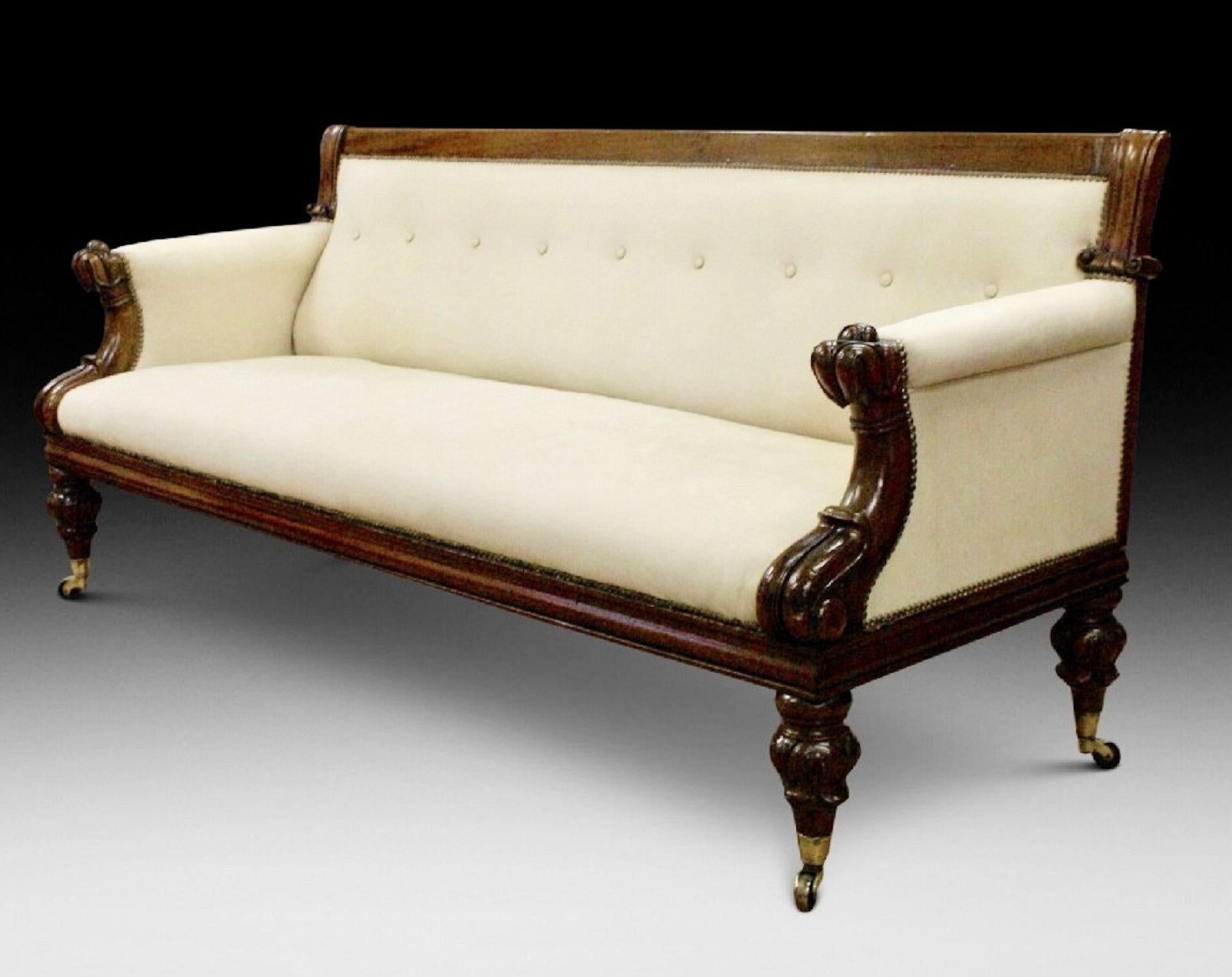 Brass 19th C. Victorian Mahogany Upholstered Sofa