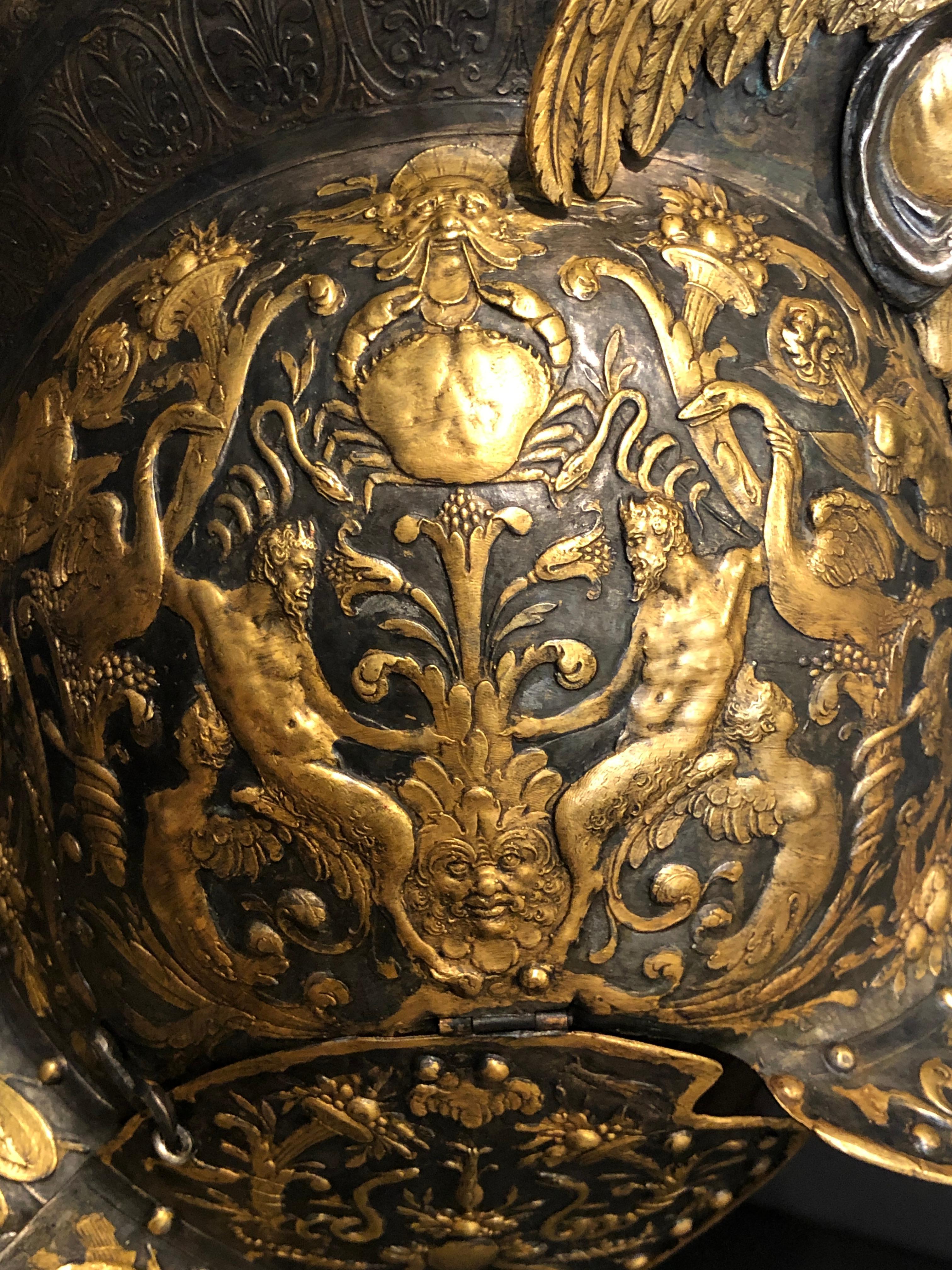 Victorian Museum Reproduction of King Henry II Embossed Burgonet Helmet In Good Condition In Norwood, NJ