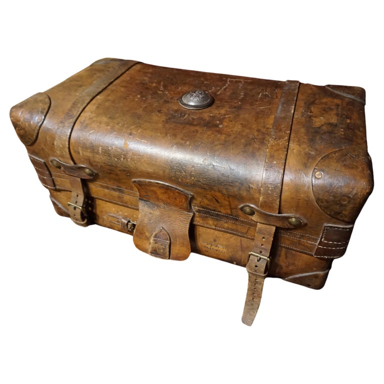 English 19th C. Victorian Original Double Handled Initialed Leather Portmanteau Suitcase For Sale