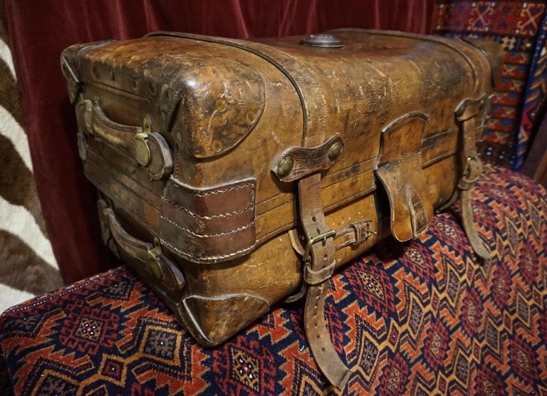 Mid-19th Century 19th C. Victorian Original Double Handled Initialed Leather Portmanteau Suitcase For Sale