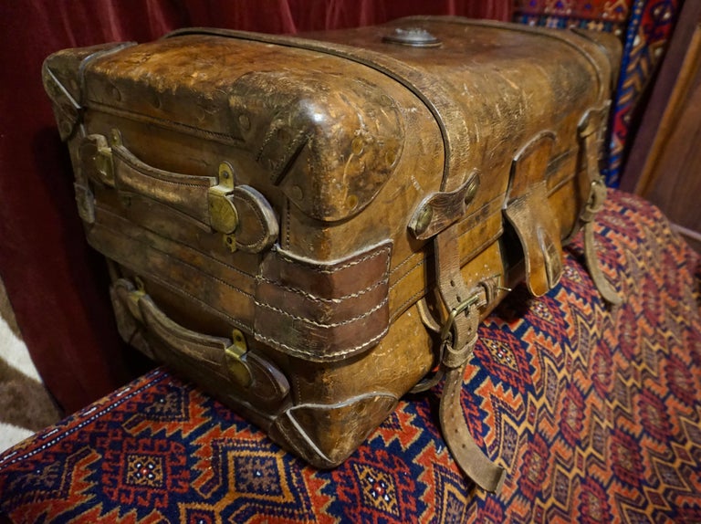 Brass 19th C. Victorian Original Double Handled Initialed Leather Portmanteau Suitcase For Sale