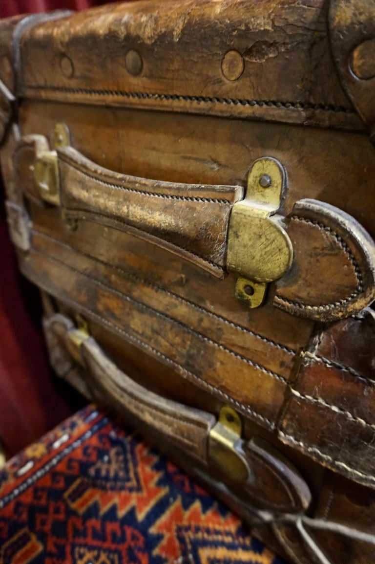 19th C. Victorian Original Double Handled Initialed Leather Portmanteau Suitcase For Sale 1