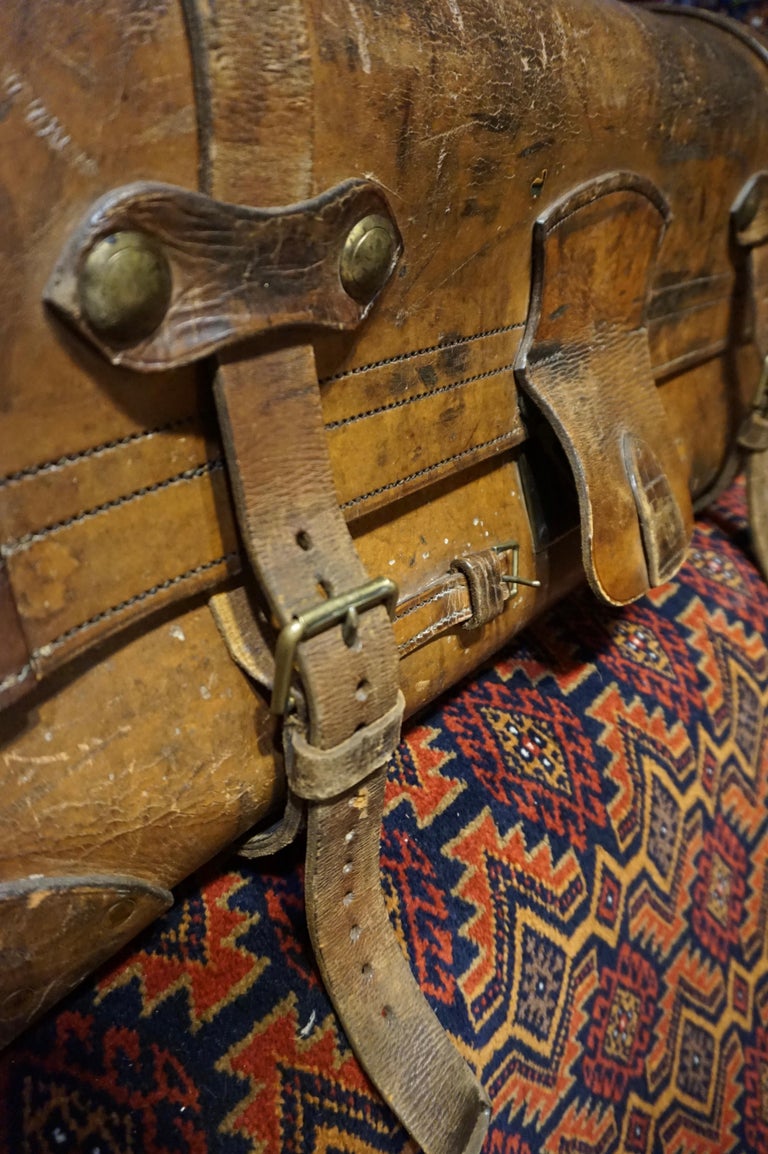 19th C. Victorian Original Double Handled Initialed Leather Portmanteau Suitcase For Sale 2