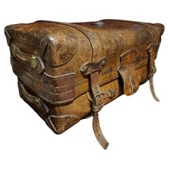 Antique 19th C. Victorian Original Double Handled Initialed Leather Portmanteau Suitcase