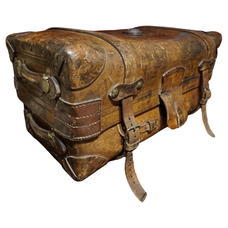 19th C. Victorian Original Double Handled Initialed Leather Portmanteau Suitcase For Sale