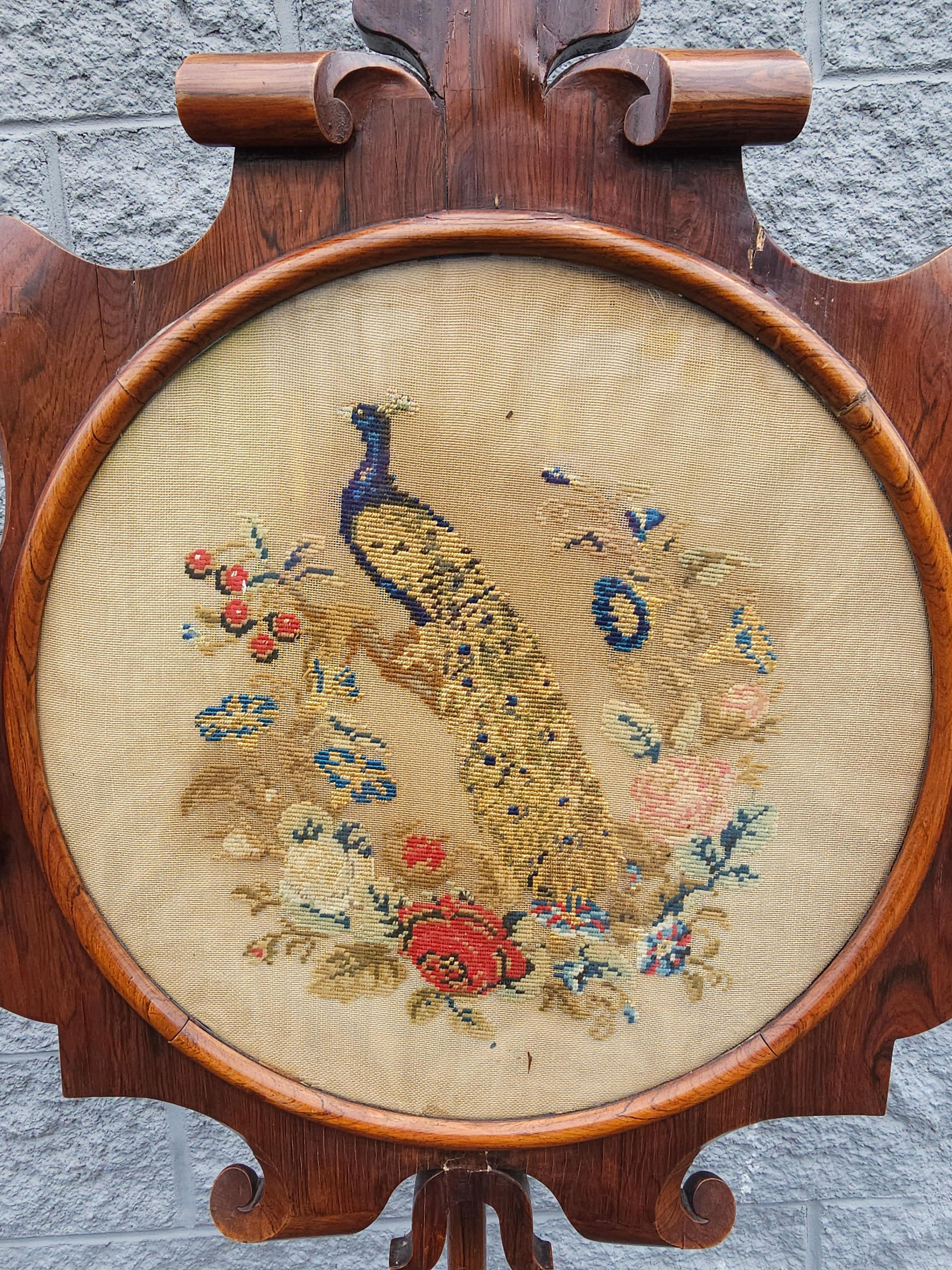 Needlework 19th C Victorian Renaissance Rosewood Floral And Peacock Needlepoint Pole Screen For Sale