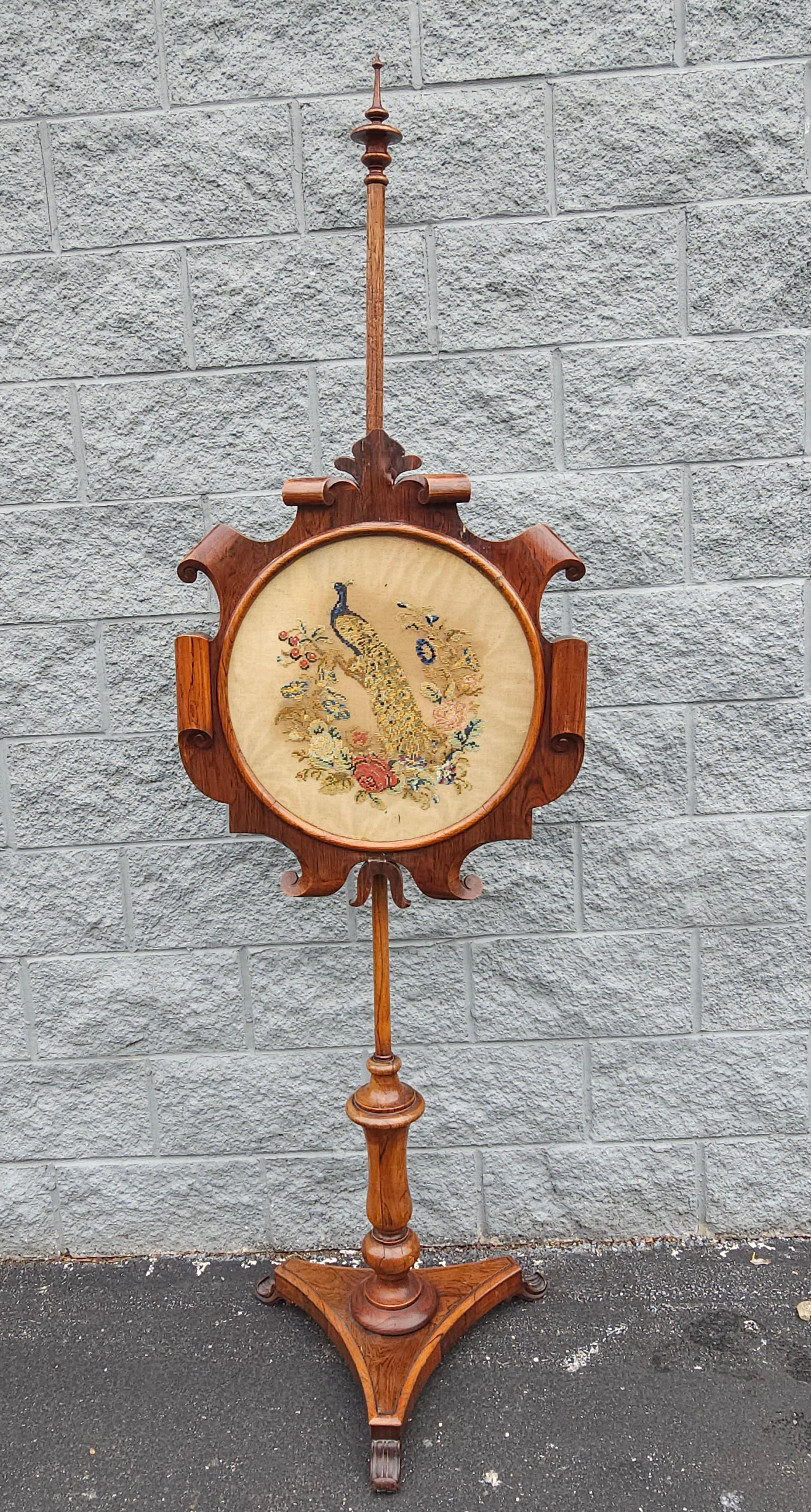 19th C Victorian Renaissance Rosewood Floral And Peacock Needlepoint Pole Screen In Good Condition For Sale In Germantown, MD