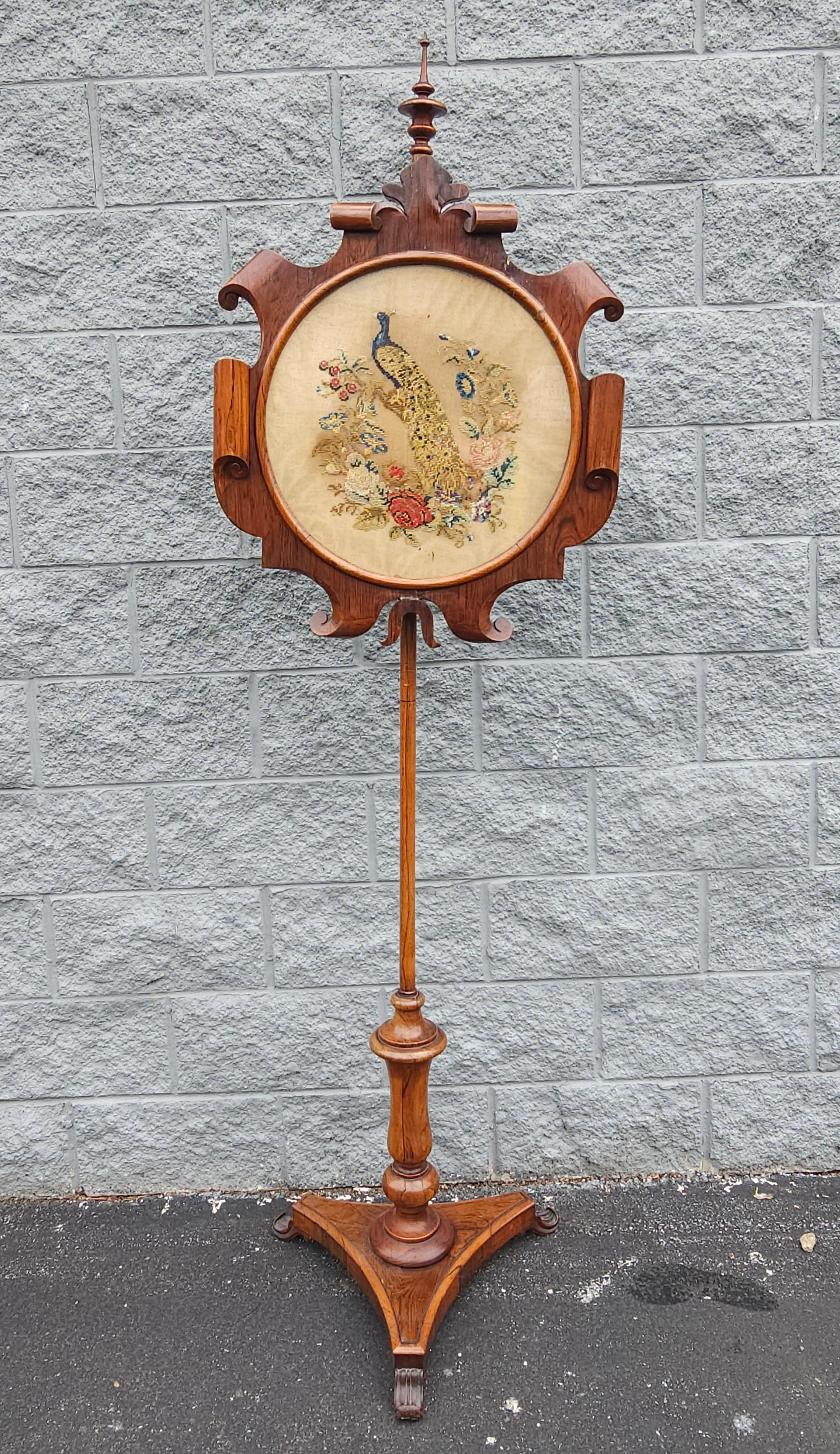 Tapestry 19th C Victorian Renaissance Rosewood Floral And Peacock Needlepoint Pole Screen For Sale