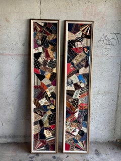 19th c Victorian Style Textile - Framed Crazy Quilt Panels with Embroidery