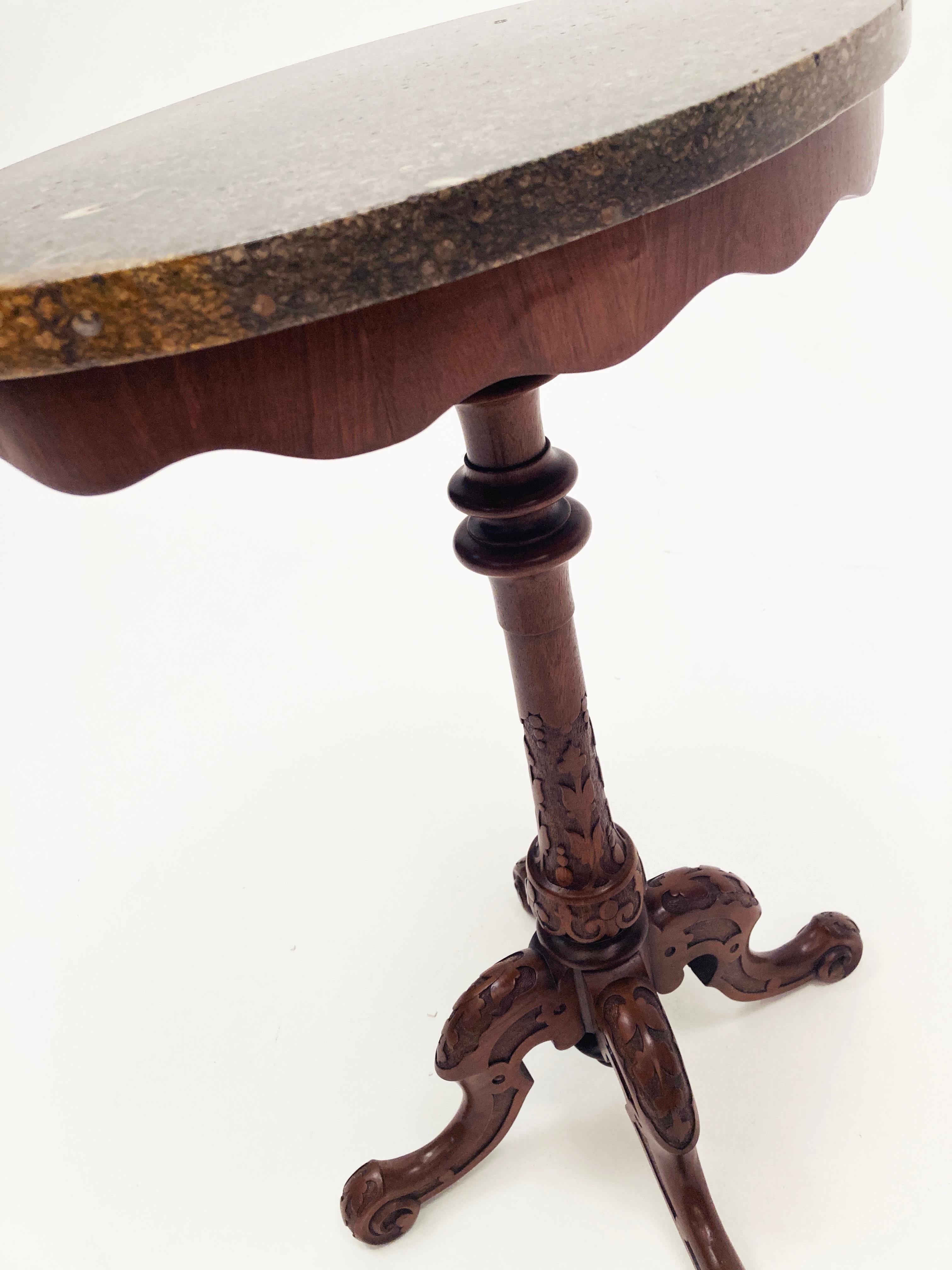 19th c. Victorian Walnut Carved Chippendale Style Gueridon Marble Top Table For Sale 5