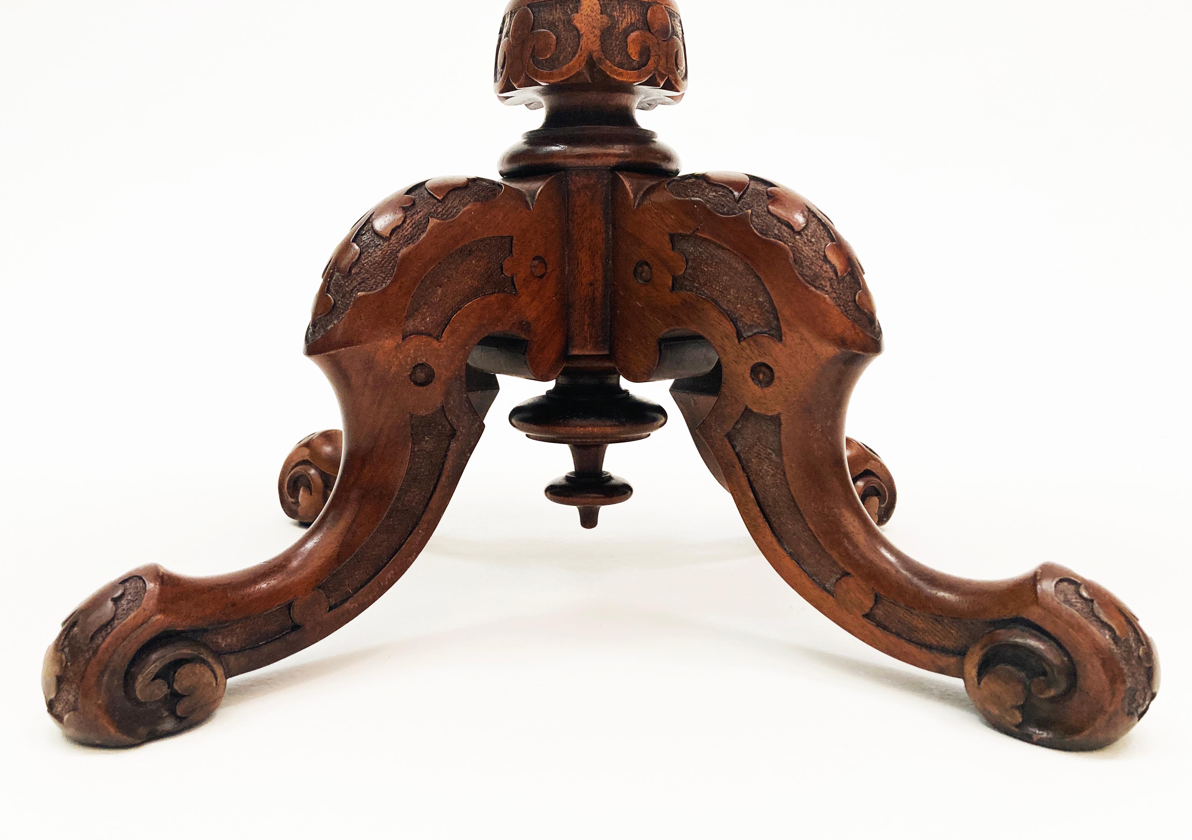 19th c. Victorian Walnut Carved Chippendale Style Gueridon Marble Top Table For Sale 8