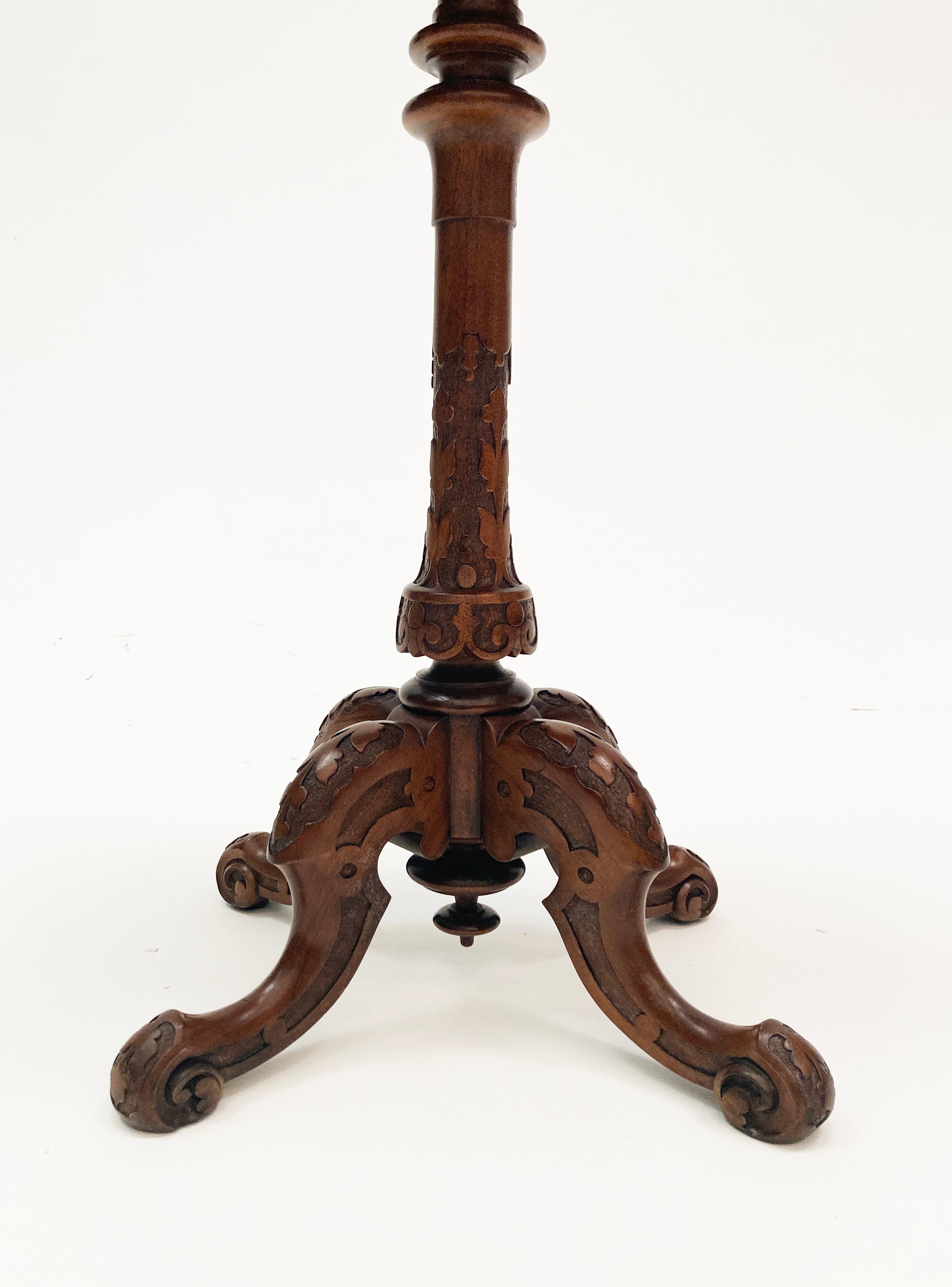 19th c. Victorian Walnut Carved Chippendale Style Gueridon Marble Top Table For Sale 12