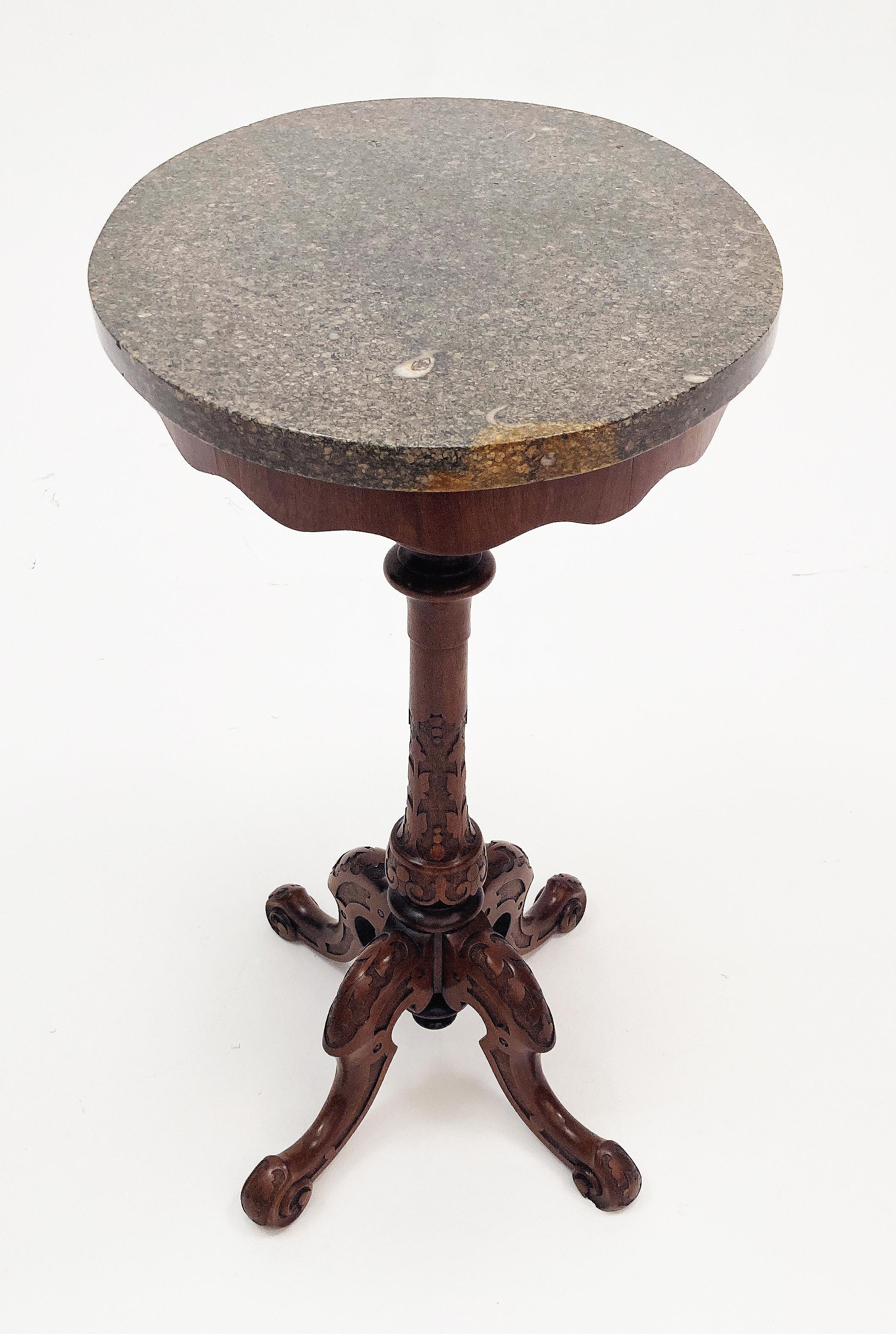 19th c. Victorian Walnut Carved Chippendale Style Gueridon Marble Top Table For Sale 2