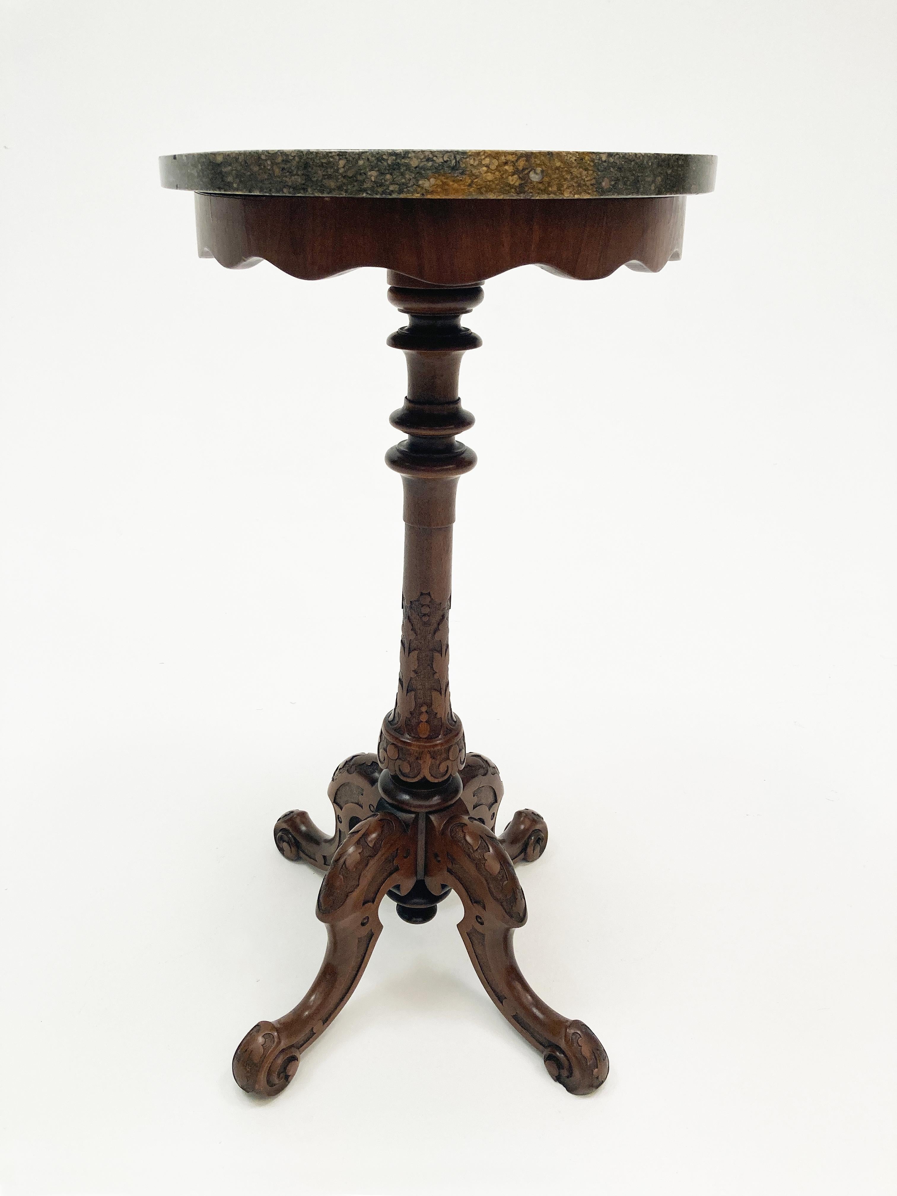 19th c. Victorian Walnut Carved Chippendale Style Gueridon Marble Top Table For Sale 3