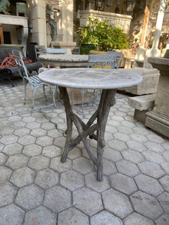 19th C. Vintage French Faux Bois Garden Tree Table & Hand Carved Stone Round Top