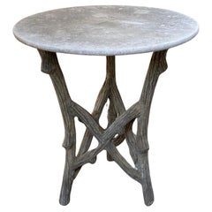 19th C. Vintage French Faux Bois Garden Tree Table & Hand Carved Stone Round Top