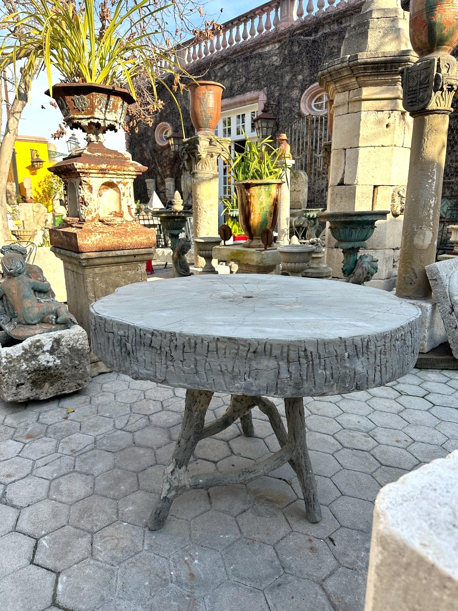 19th C. Vintage Large Faux Bois Garden Tree Table & Hand Crafted Round Top 4