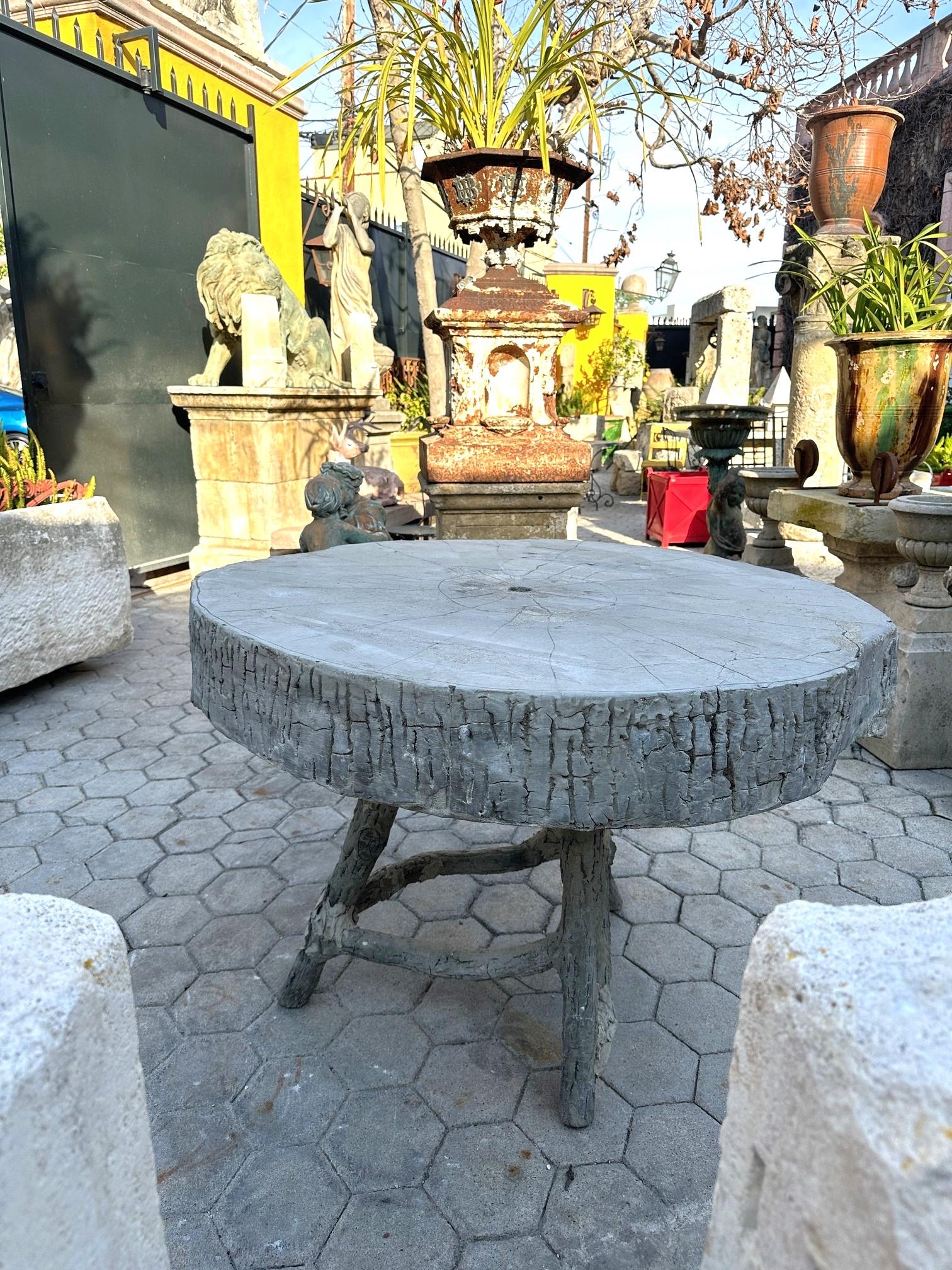 19th C. Vintage Large Faux Bois Garden Tree Table & Hand Crafted Round Top 5