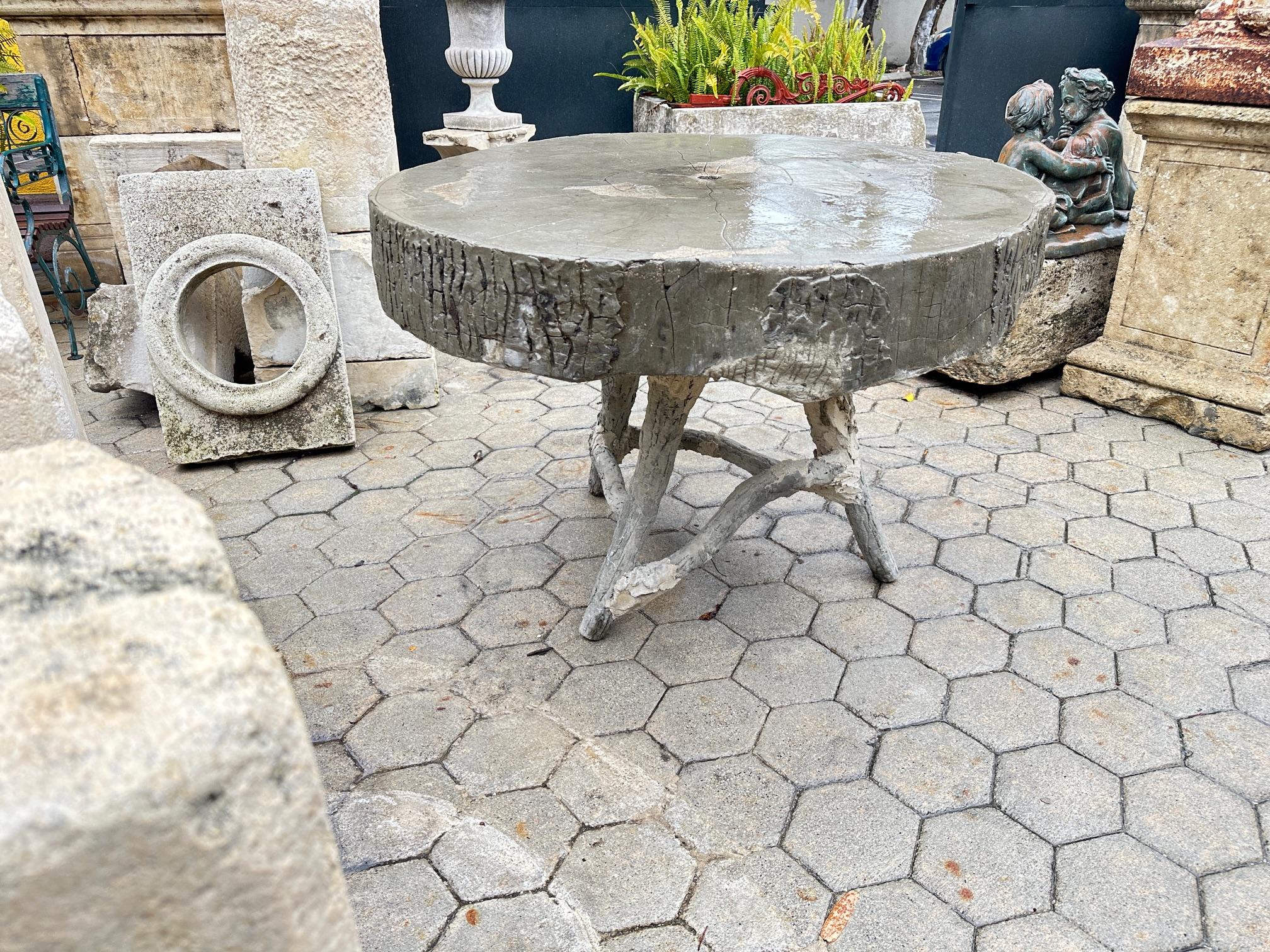 19th C. Vintage Large Faux Bois Garden Tree Table & Hand Crafted Round Top 10