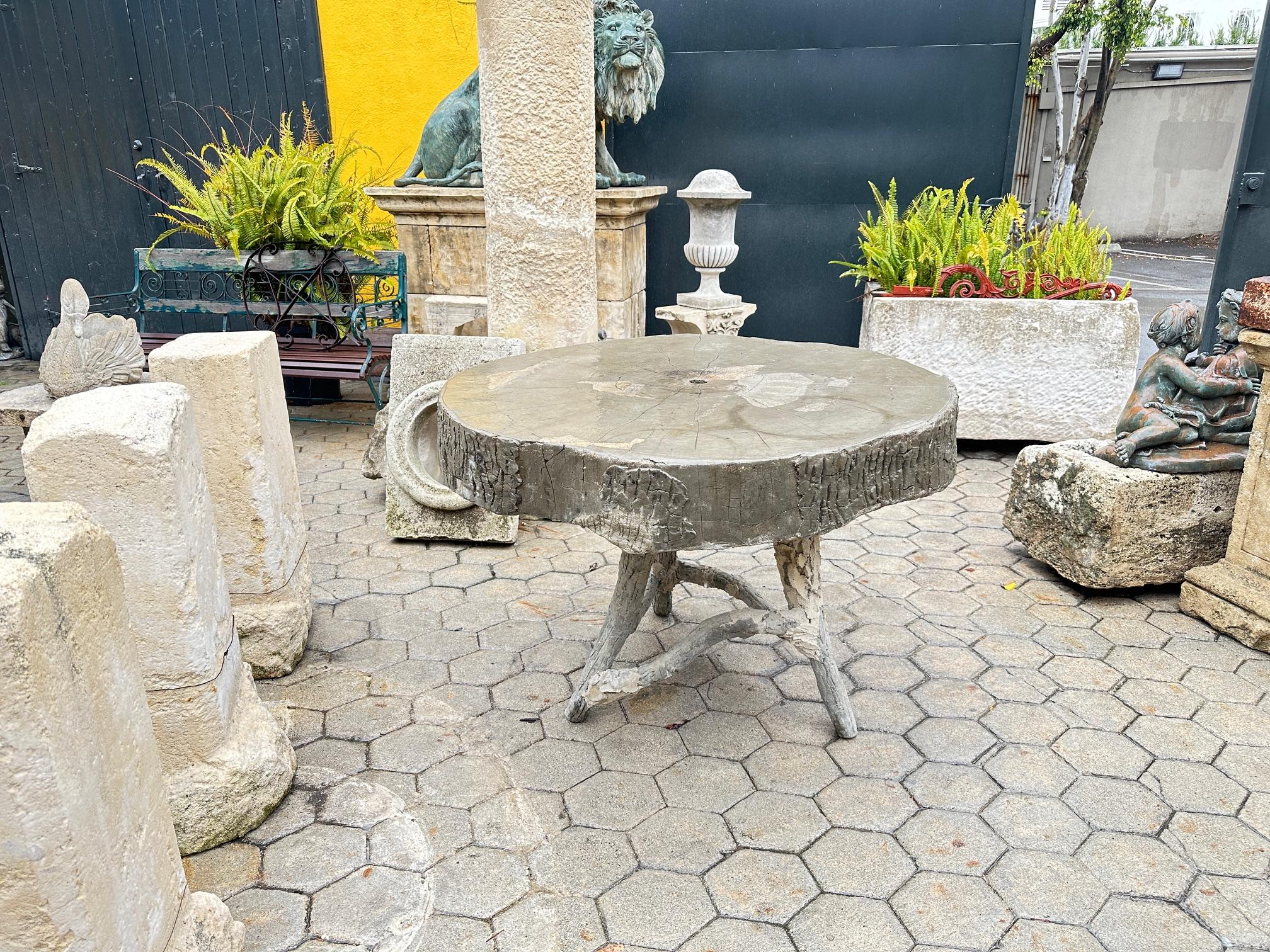 19th C. Vintage Large Faux Bois Garden Tree Table & Hand Crafted Round Top 11
