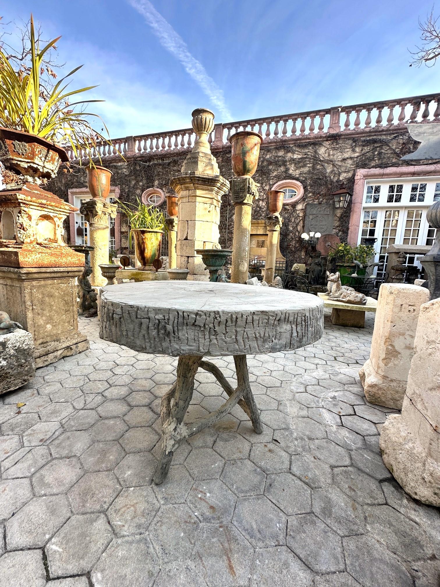 19th C. Vintage Large Faux Bois Garden Tree Table & Hand Crafted Round Top . Antique Accent Circular irregular diameter imitating nature,  Table Garden or as a large Center Table . vintage Giardino D’Inverno faux bois. This beautifully sculpted and