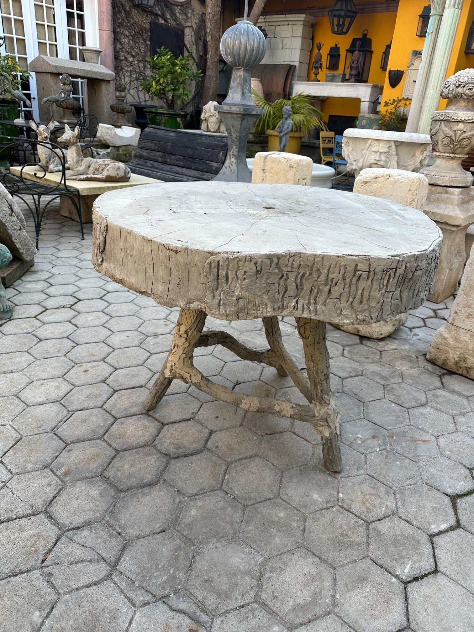 French 19th C. Vintage Large Faux Bois Garden Tree Table & Hand Crafted Round Top