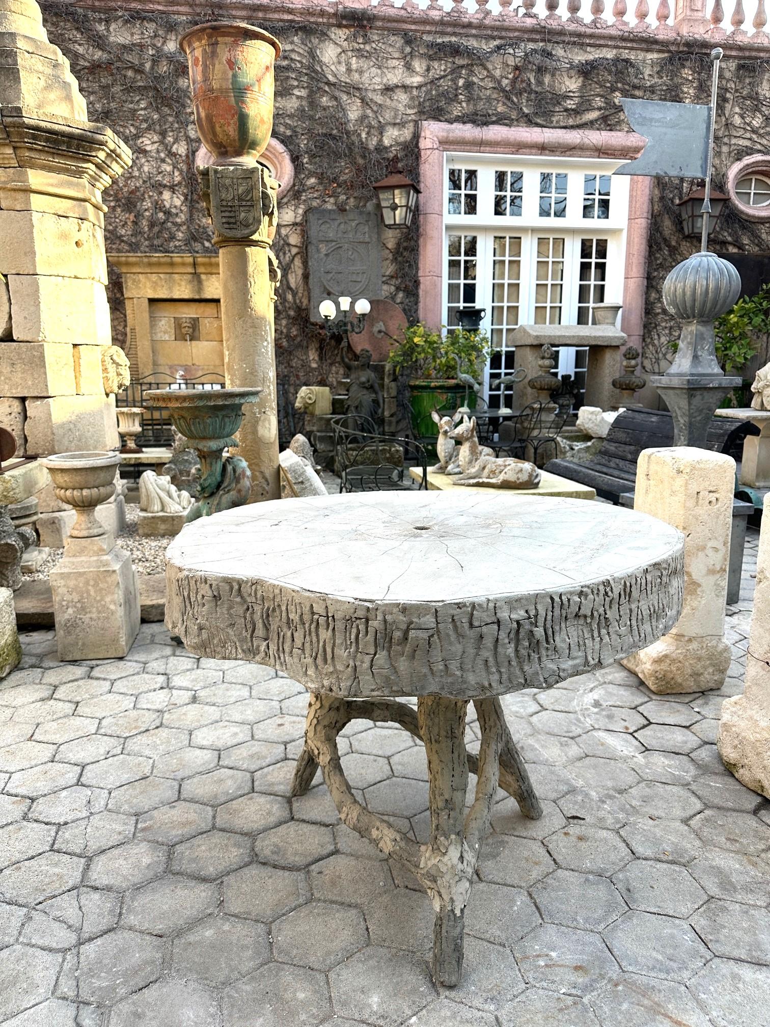 Carved 19th C. Vintage Large Faux Bois Garden Tree Table & Hand Crafted Round Top