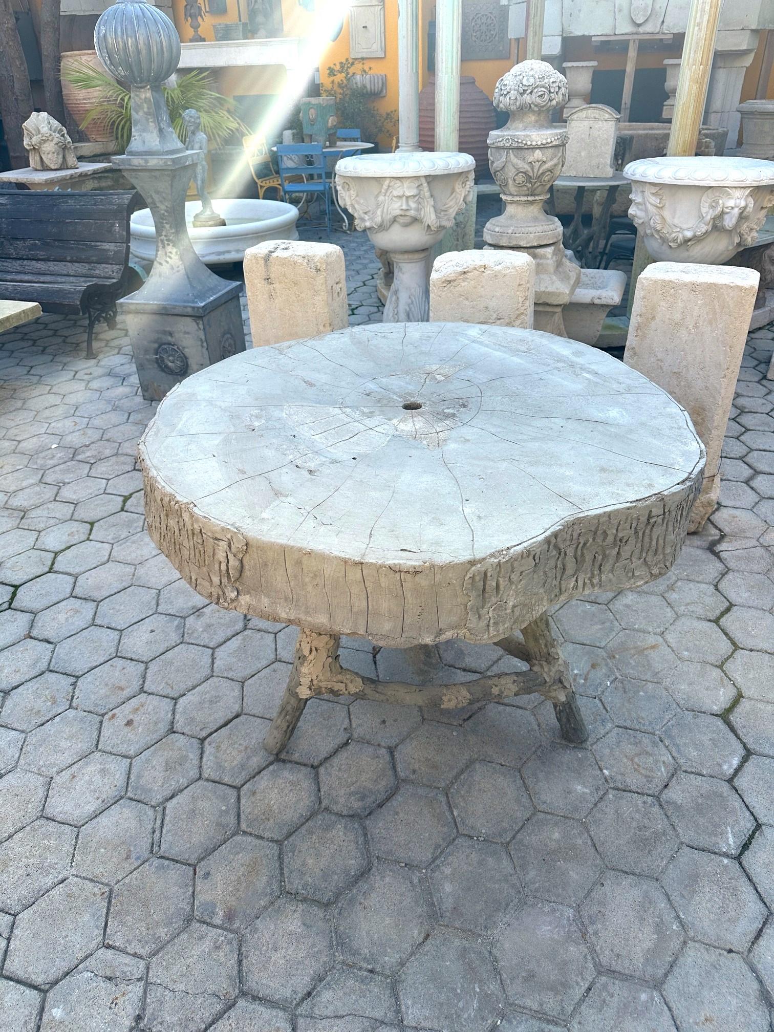 19th C. Vintage Large Faux Bois Garden Tree Table & Hand Crafted Round Top In Good Condition In West Hollywood, CA