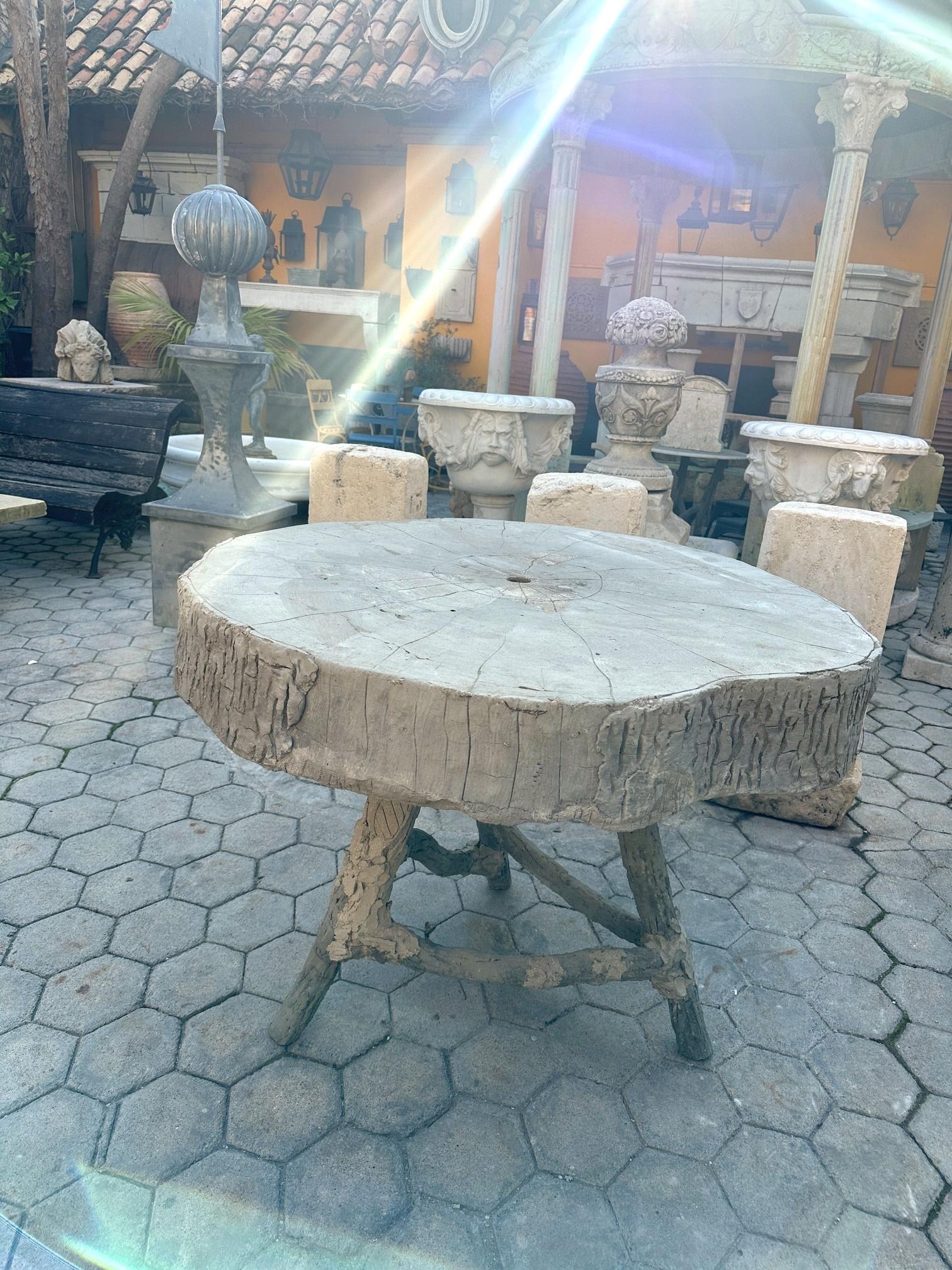 Metal 19th C. Vintage Large Faux Bois Garden Tree Table & Hand Crafted Round Top