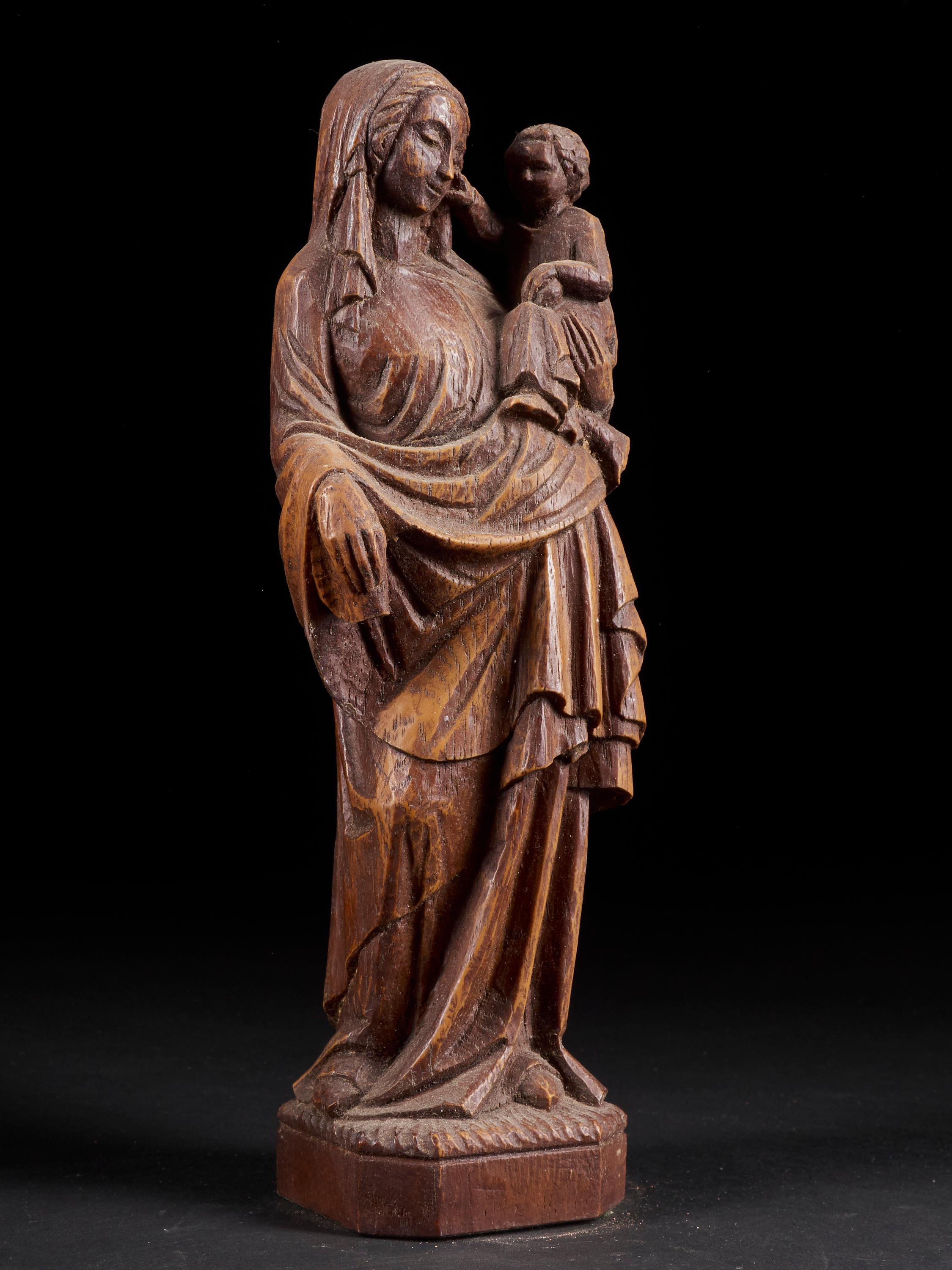 Hand-Carved 19th Century, Virgin and Child Statue Sculpture Made of Wood with a Nice Patina