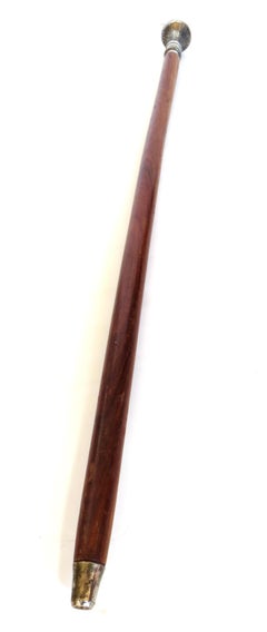 19th C Walking Stick With Silver Plate Handle Top Above Hand Carved Cane