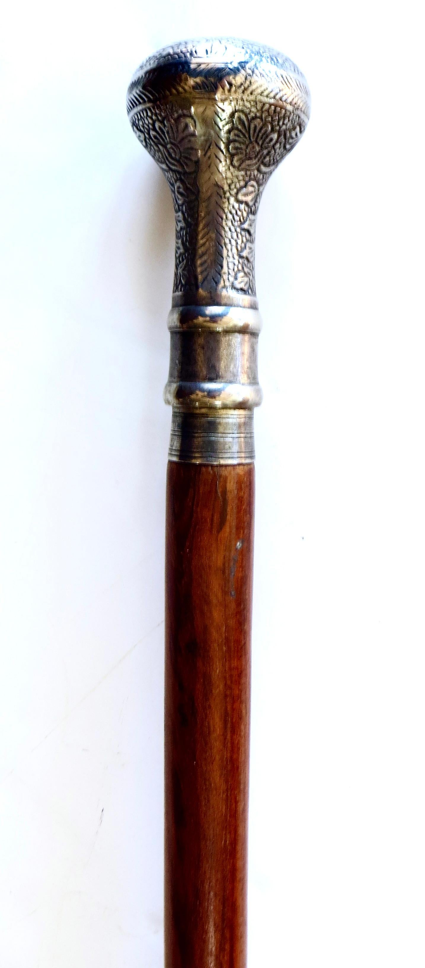 Victorian 19th C Walking Stick With Silver Plate Handle Top Above Hand Carved Cane For Sale