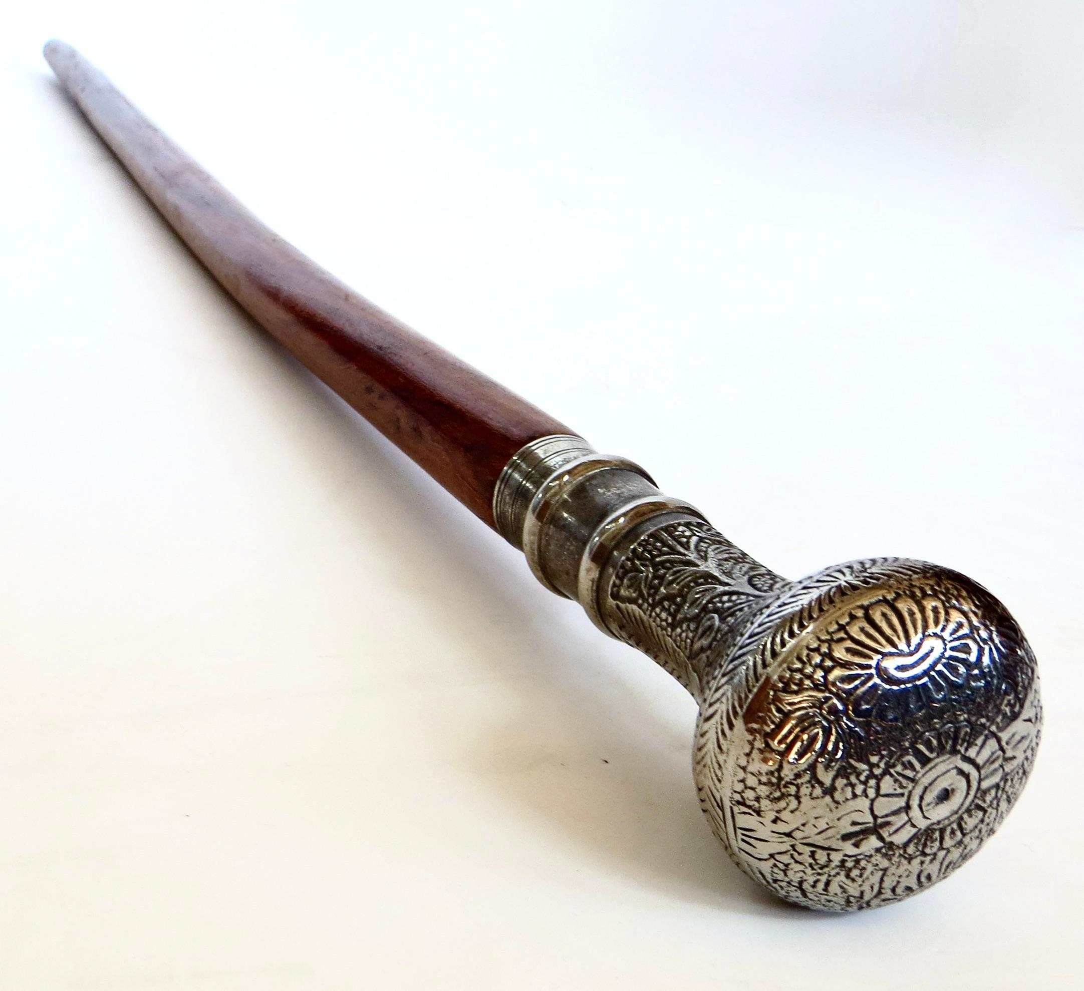 Repoussé 19th C Walking Stick With Silver Plate Handle Top Above Hand Carved Cane For Sale
