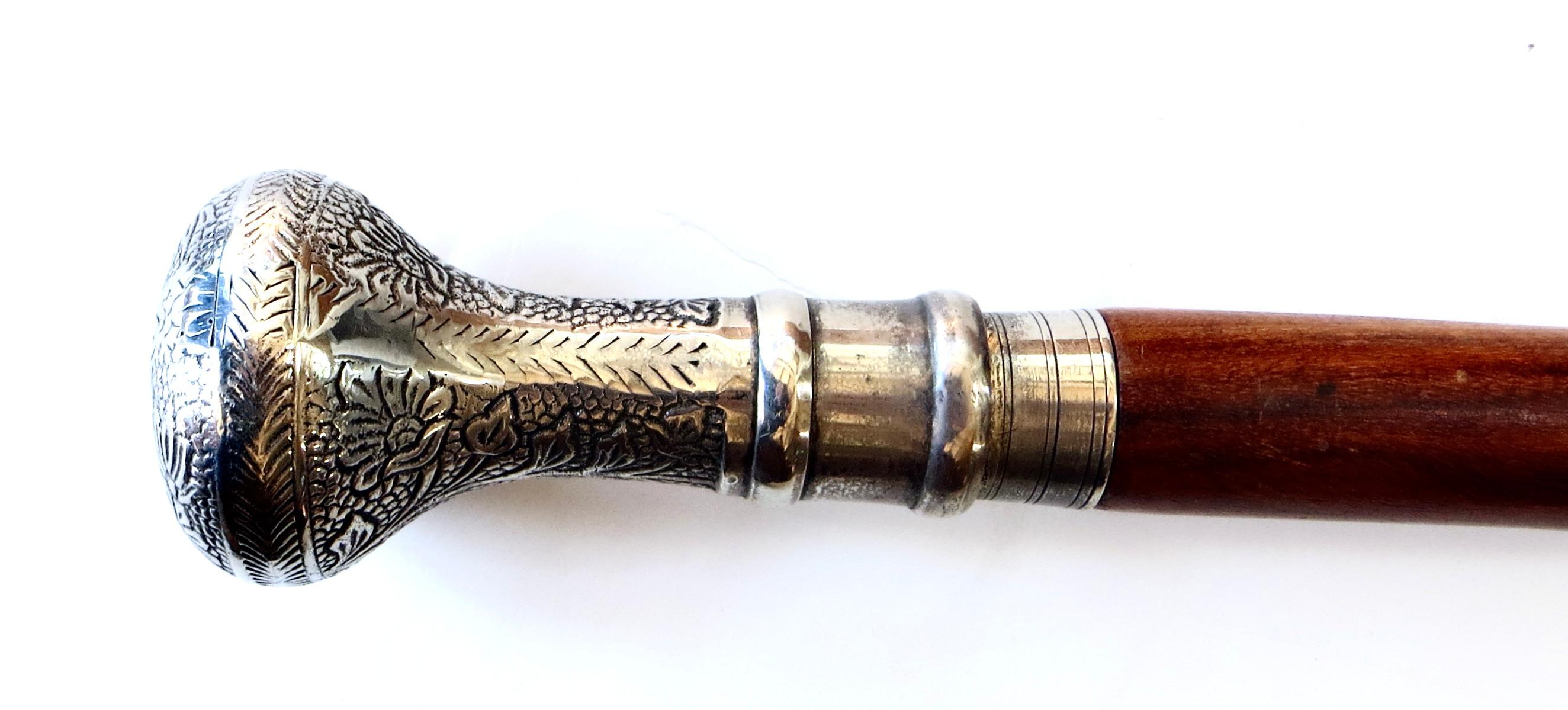 19th C Walking Stick With Silver Plate Handle Top Above Hand Carved Cane In Good Condition For Sale In Incline Village, NV