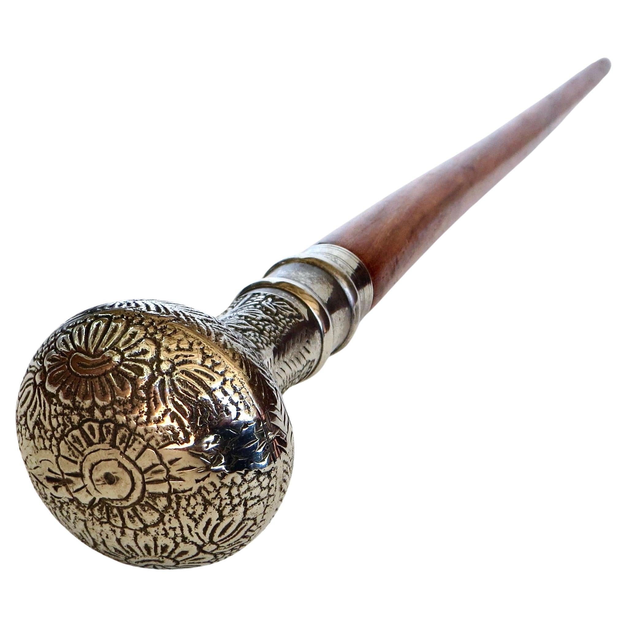 19th C Walking Stick With Silver Plate Handle Top Above Hand Carved Cane For Sale