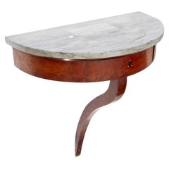 Tavolo consolle Biedermeier a muro con piano in marmo grigio e cassetto del XIX secolo
