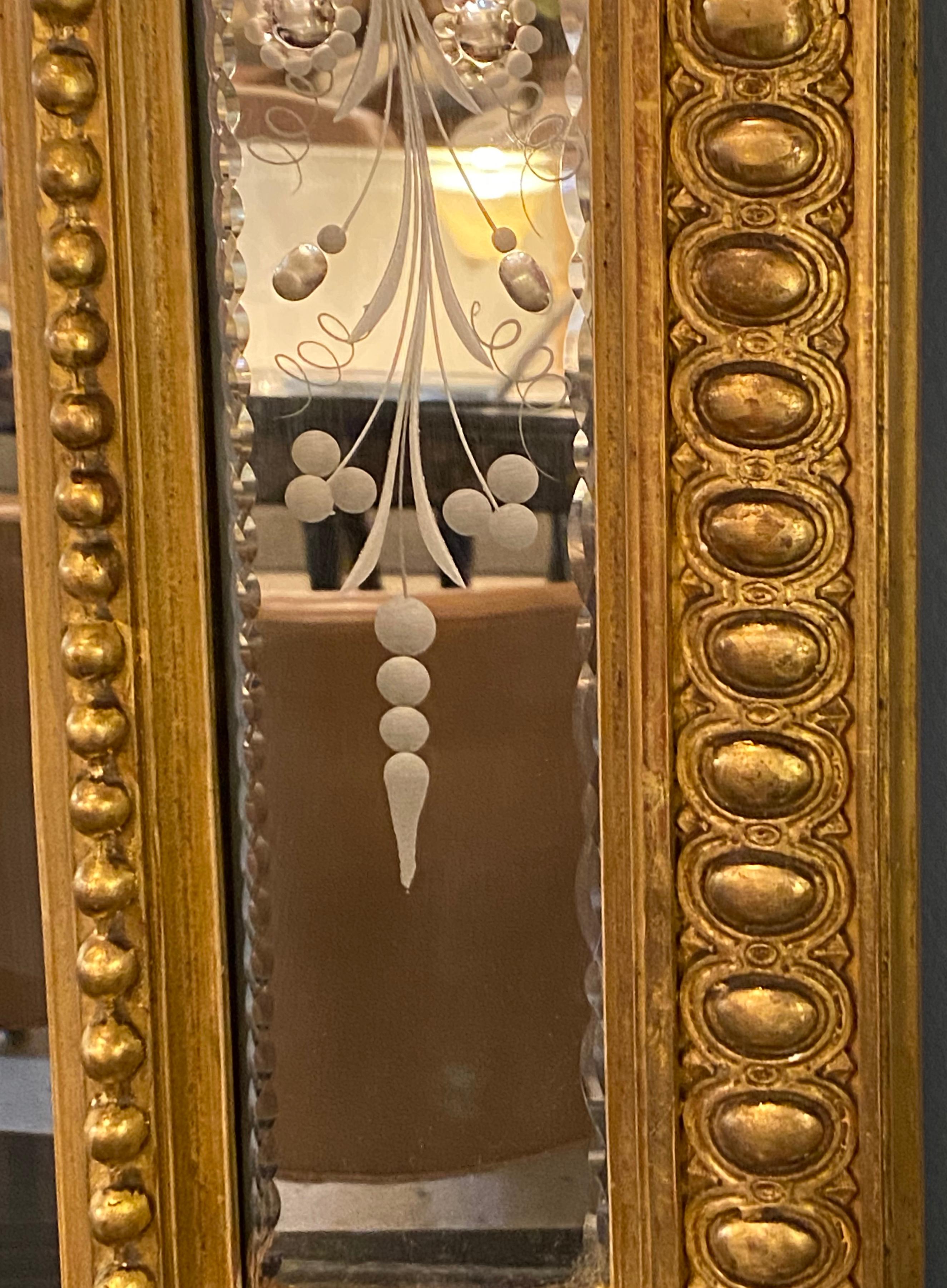 19th Century Wall Or Mantle Mirror Carved Giltwood & Floral Etched Glass Beveled 6