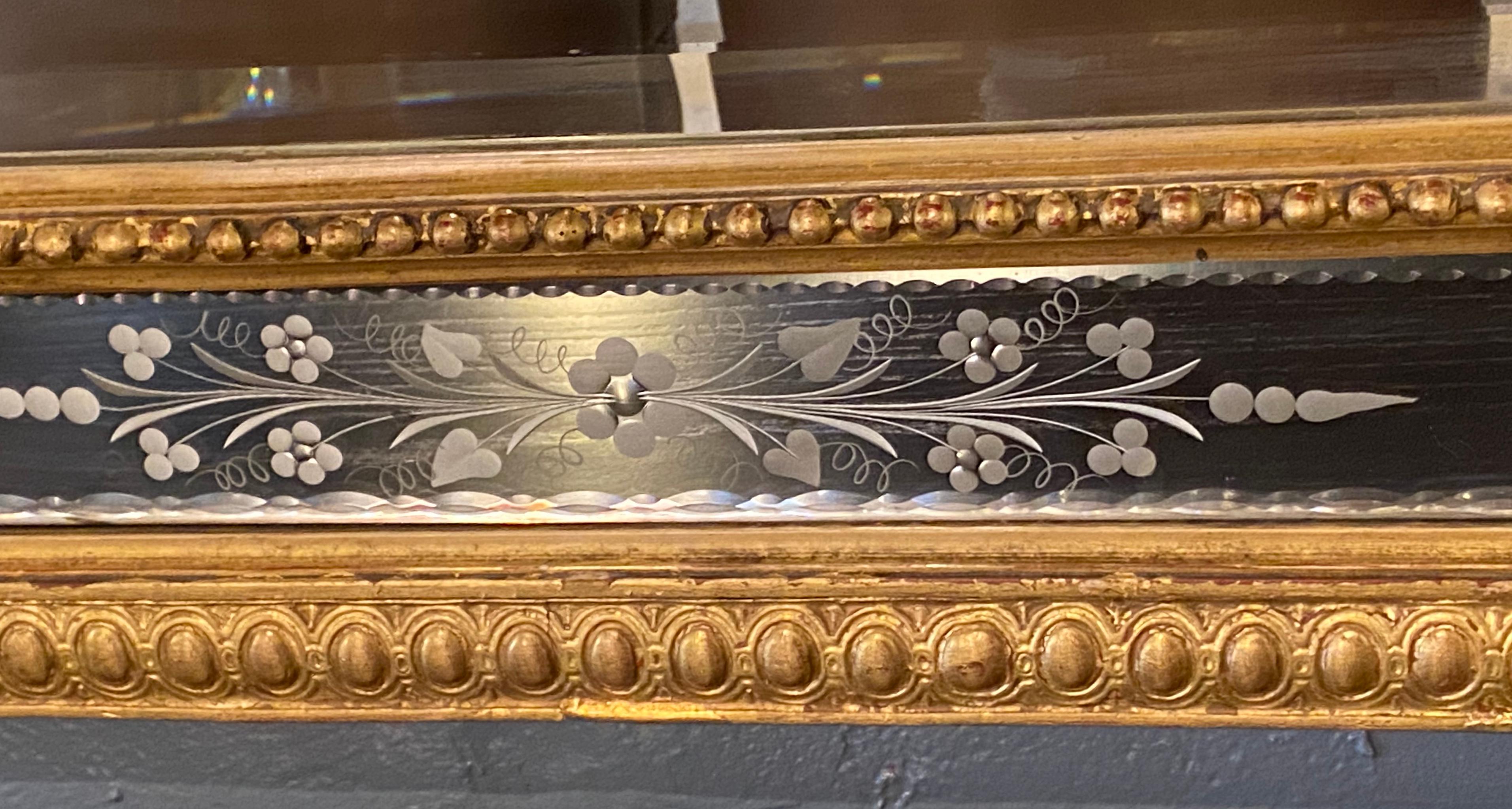 19th Century Wall Or Mantle Mirror Carved Giltwood & Floral Etched Glass Beveled 7