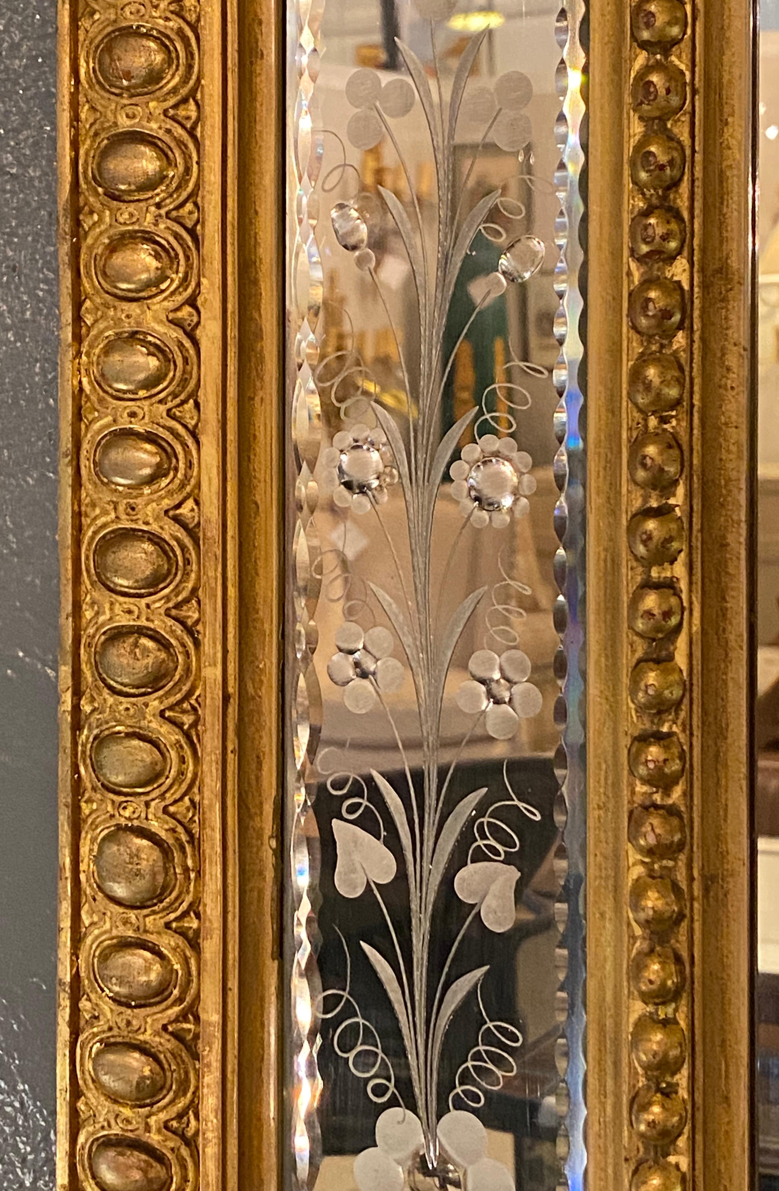 19th Century Wall Or Mantle Mirror Carved Giltwood & Floral Etched Glass Beveled 9