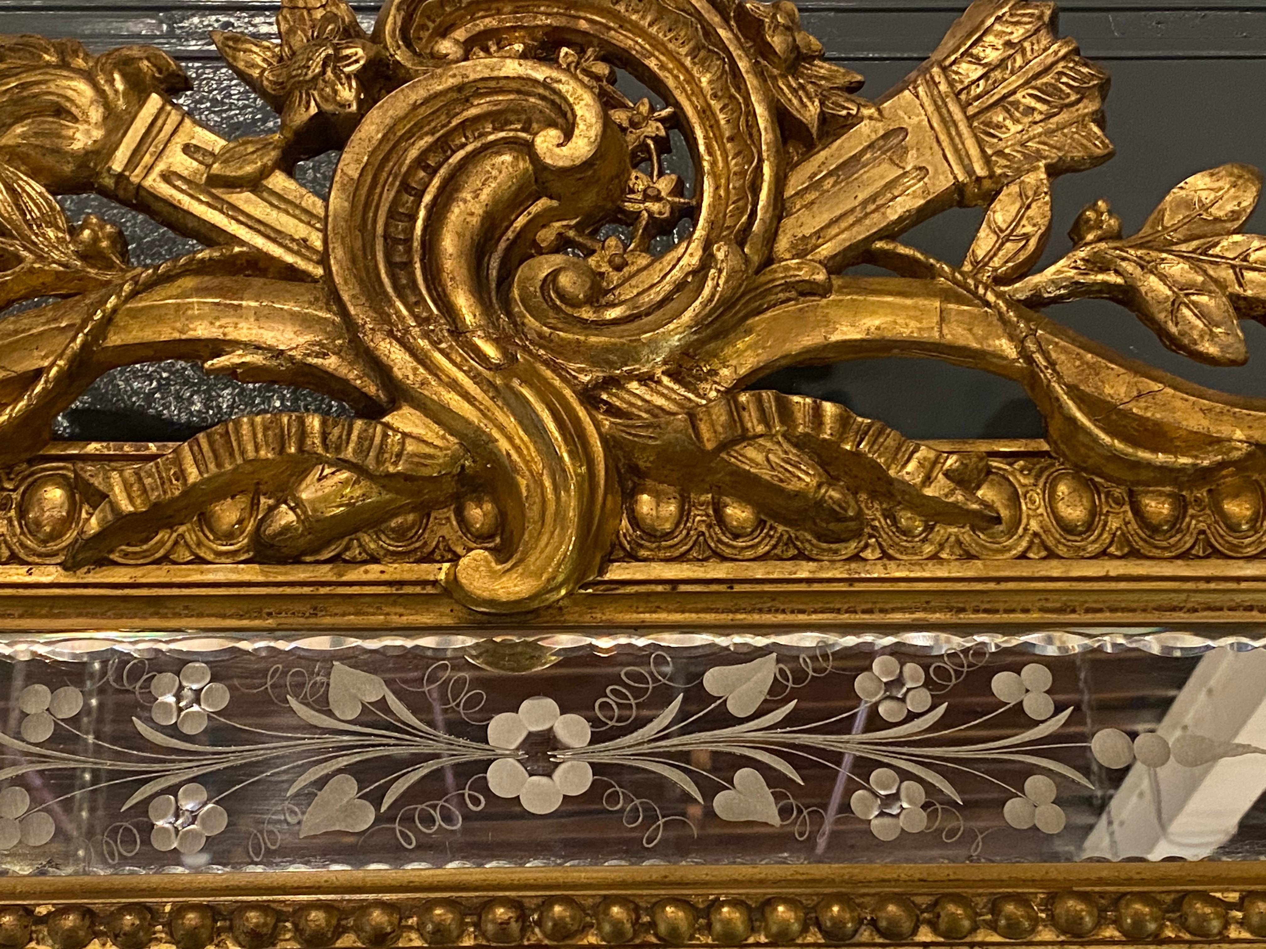 19th Century Wall Or Mantle Mirror Carved Giltwood & Floral Etched Glass Beveled 10